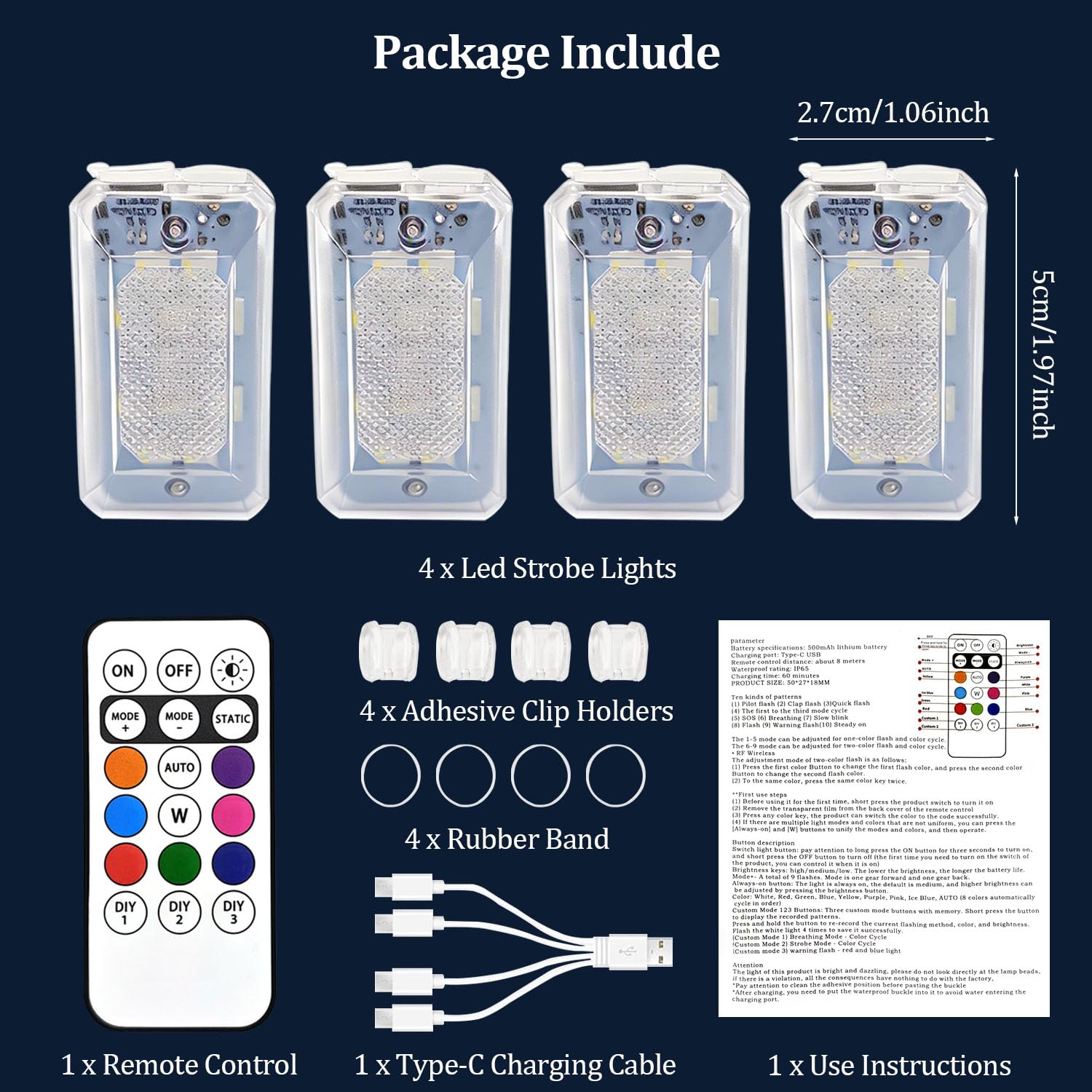 4 Pièces Lumières stroboscopiques LED pour Voiture avec télécommande, lumière stroboscopique Anti-Collision pour Avion, 8 Couleurs, lumière ambiante LED Rechargeable par USB pour Voiture, Drone, Moto