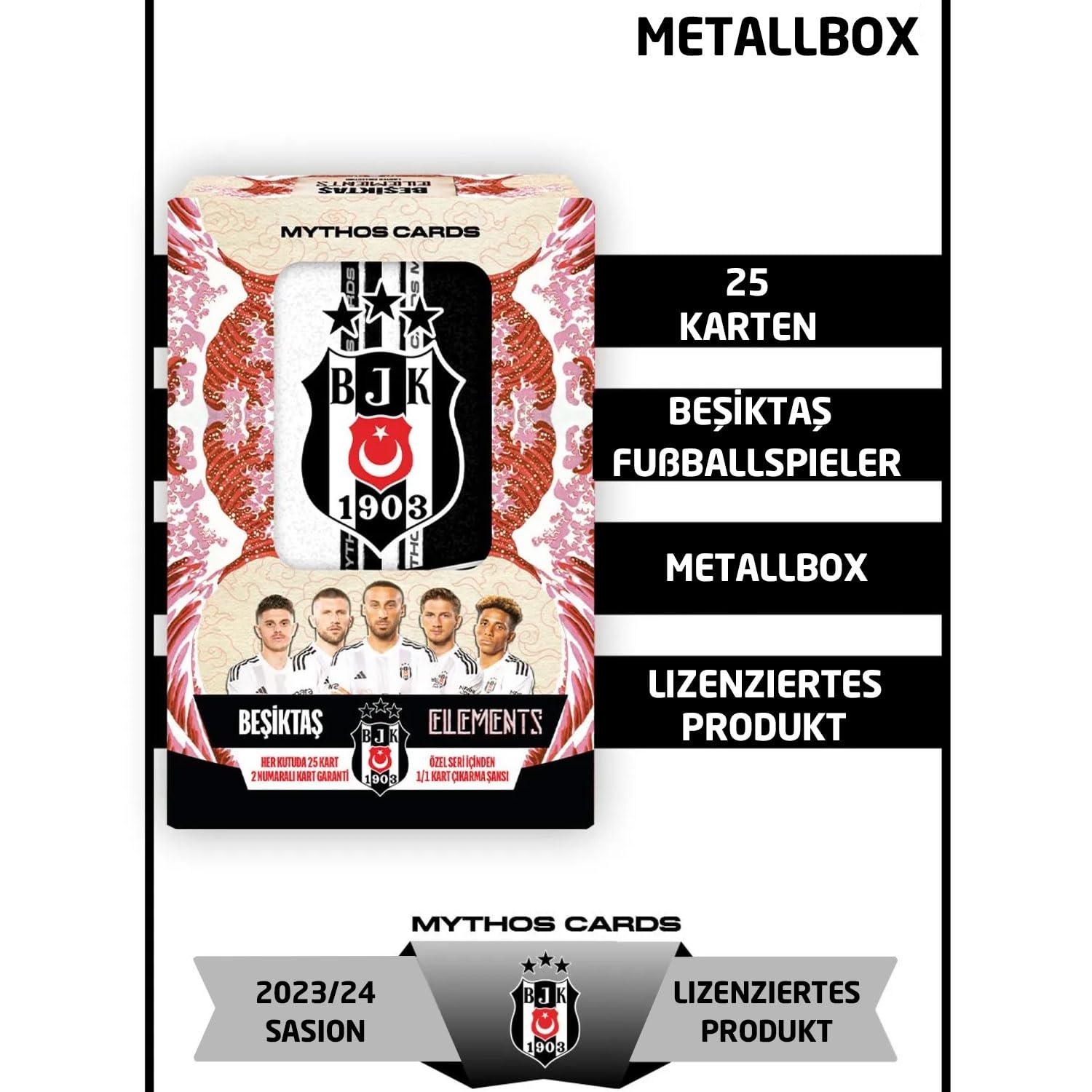 Beşiktaş Mythos Cards Lot de 25 cartes à collectionner 2023/24 en métal avec 2 cartes numérotées, licence officielle, cadeau de saison de football Besiktas BJK