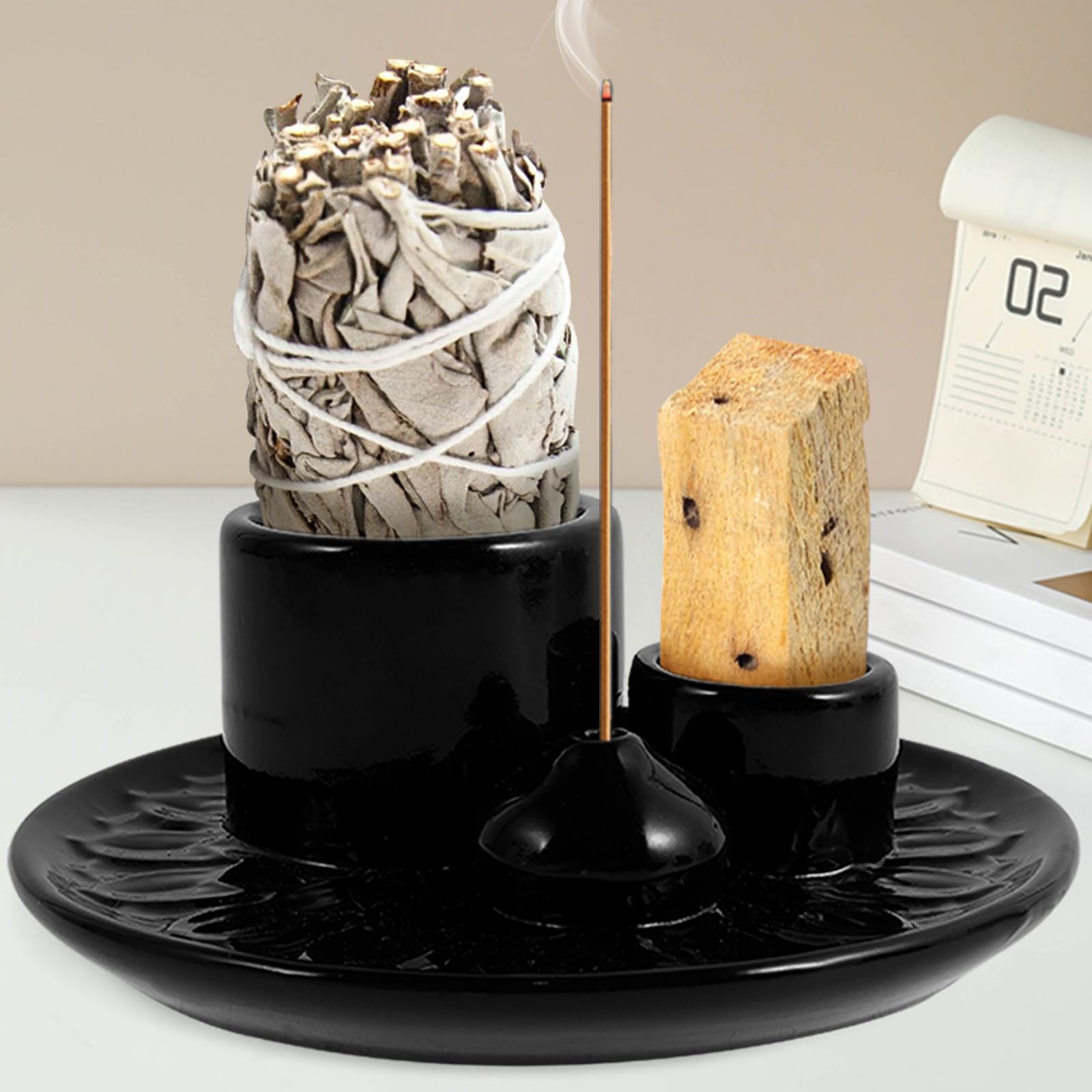 Ceramic Palo Santo Holder – Incense Burner, Handmade, Ash Catcher (Black) - View #6