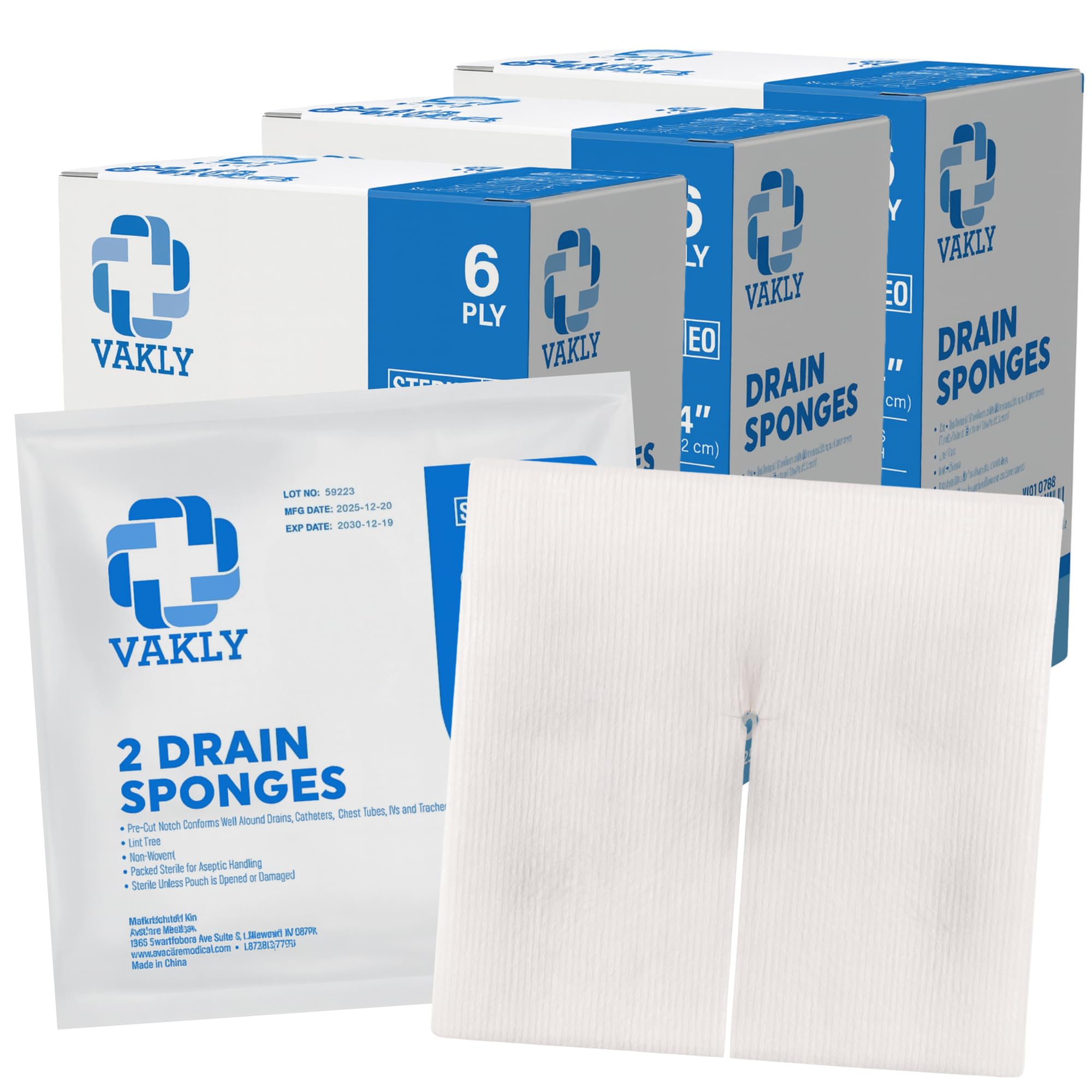 Vakly Sterile Split Gauze 4 x 4 in (150 Pack) – 6-Ply Drain Sponges with Precut Slit, Absorbent Non-Woven Dressing for IV, Tracheostomy & Wound Care