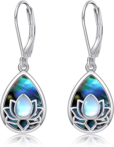 Aretes de flor de loto 925 plata de ley 925 con diseño de loto azul, aretes colgantes con cierre de palanca, regalo de joyería para mujer