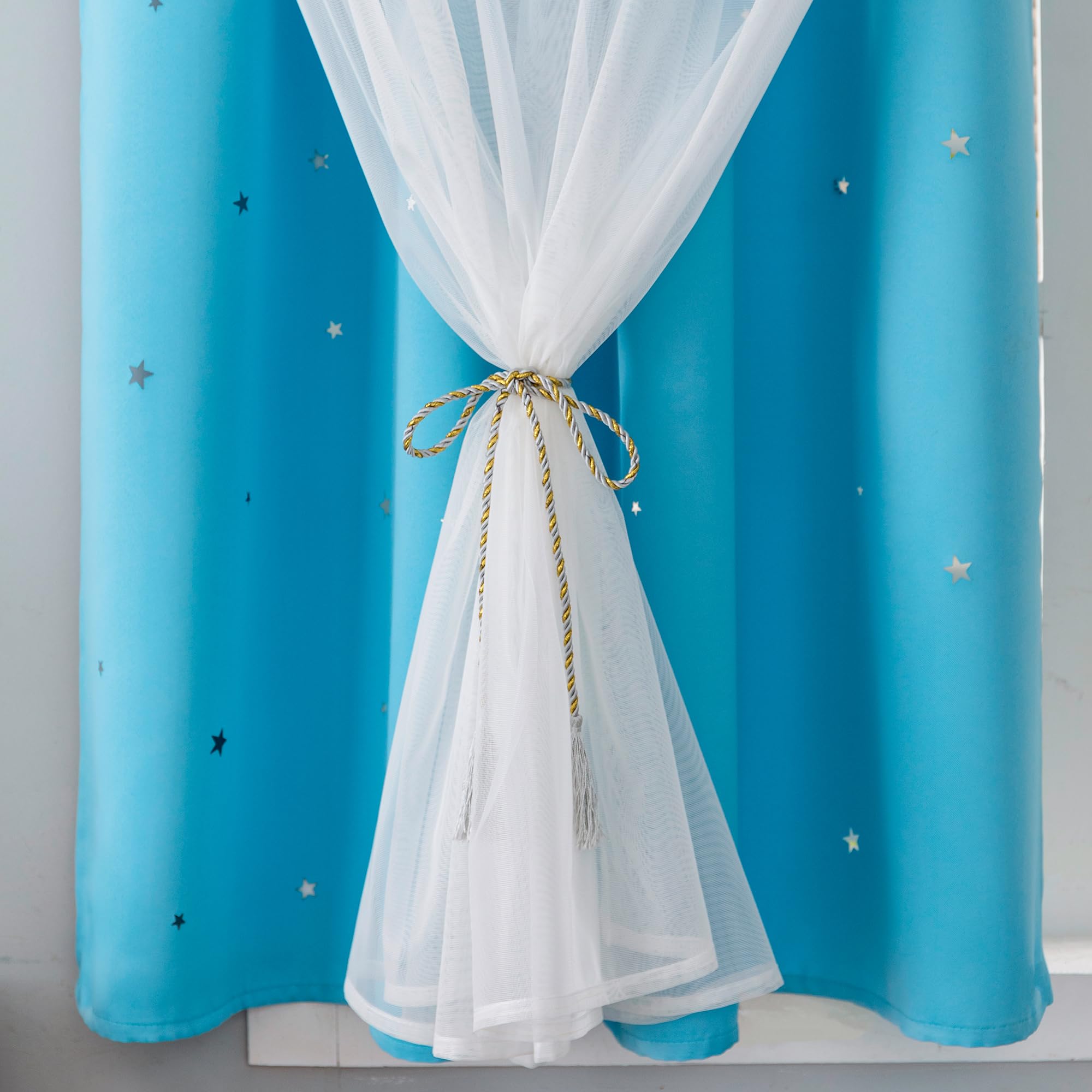 GIRASOLE HOME® Paire de rideaux à double voile occultants doux fantaisie étoiles vides, rideau isolant, pour chambre et chambre d'enfant, 2 panneaux avec œillets (140 x 145 cm, bleu ciel)