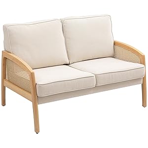 HOMCOM Sofá de 2 Plazas Tapizado en Chenilla Sofá de Salón con 2 Almohadas Lavables y Reposabrazos de Ratán Sintético Carga 240 kg 123x75x88 cm Beige