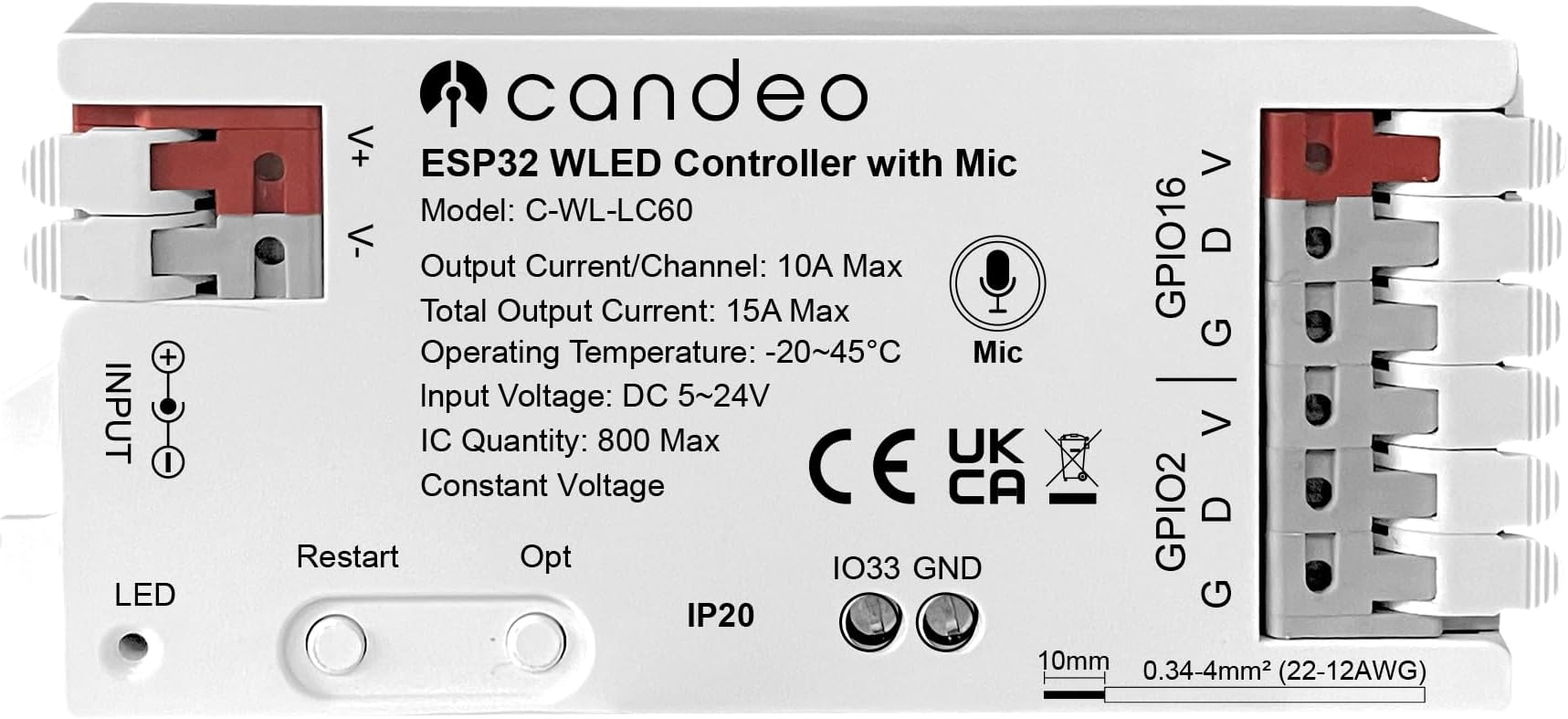 WLED Smart LED Strip Controller with Mic, uses WLED app, Sync with Alexa, Home Assistant, Hubitat. Dynamic RGBIC Lighting Effects, Music Sync, Easy Wiring for WS2811 WS2812 SK6812 TM1814 WS2813 WS2815