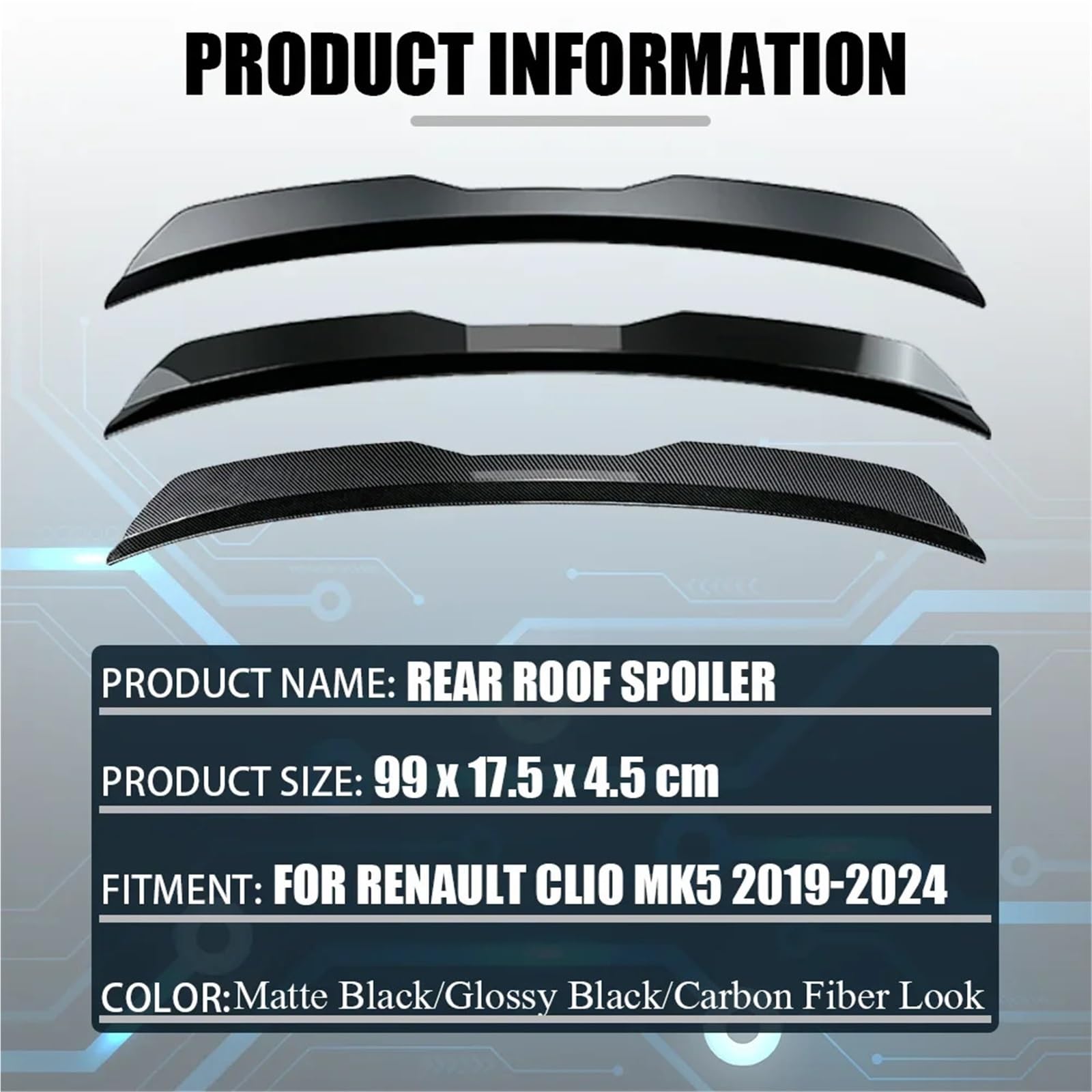 spoiler samochód warga ochronna Pasuje do Renault, pasuje do Clio MK5 5 2019 2020 2021 2022 2023 2024, tylny spojler samochodu, klapa bagażnika, dach, tuning(Carbon Fiber Look)