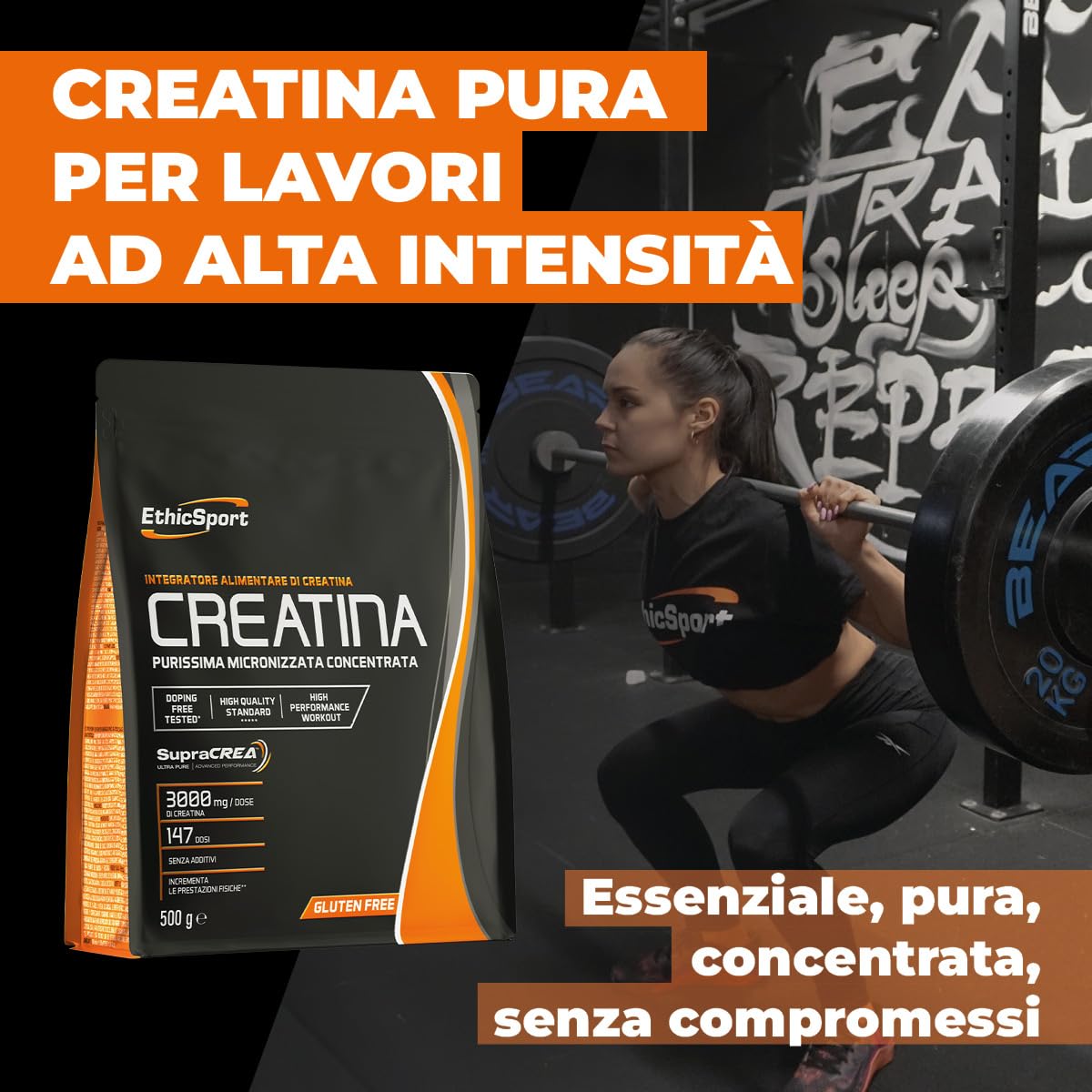 EthicSport CREATINA – Creatina monoidrato pura in polvere con SupraCREA™ – Incrementa le prestazioni fisiche in attività brevi e intense – elevata purezza, senza additivi – vegan, gluten free – 500 g