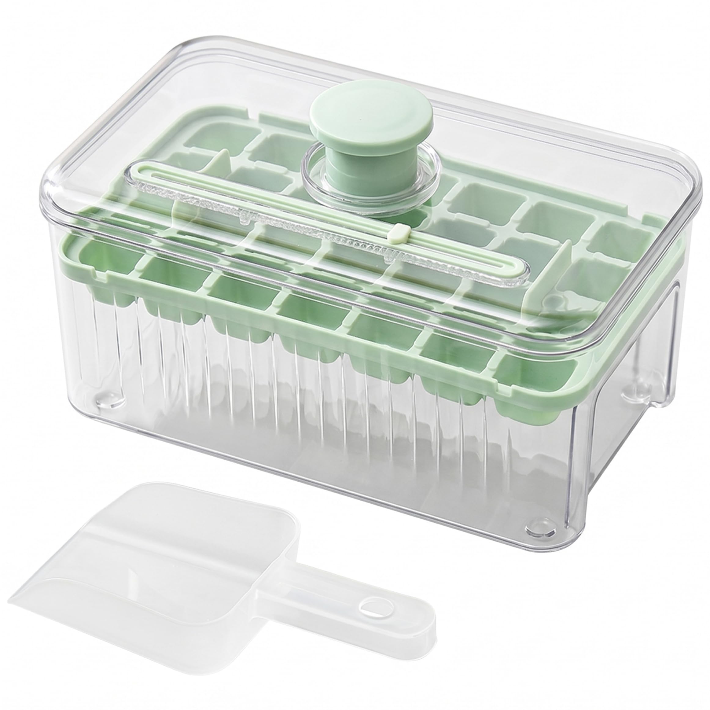 Xoeryoy 28-grid Ice Cube Tray With Storage Bin, Press-to-release Stackable Ice Tray For Freezer With Leak-proof Lid And Shovel, Light Green
