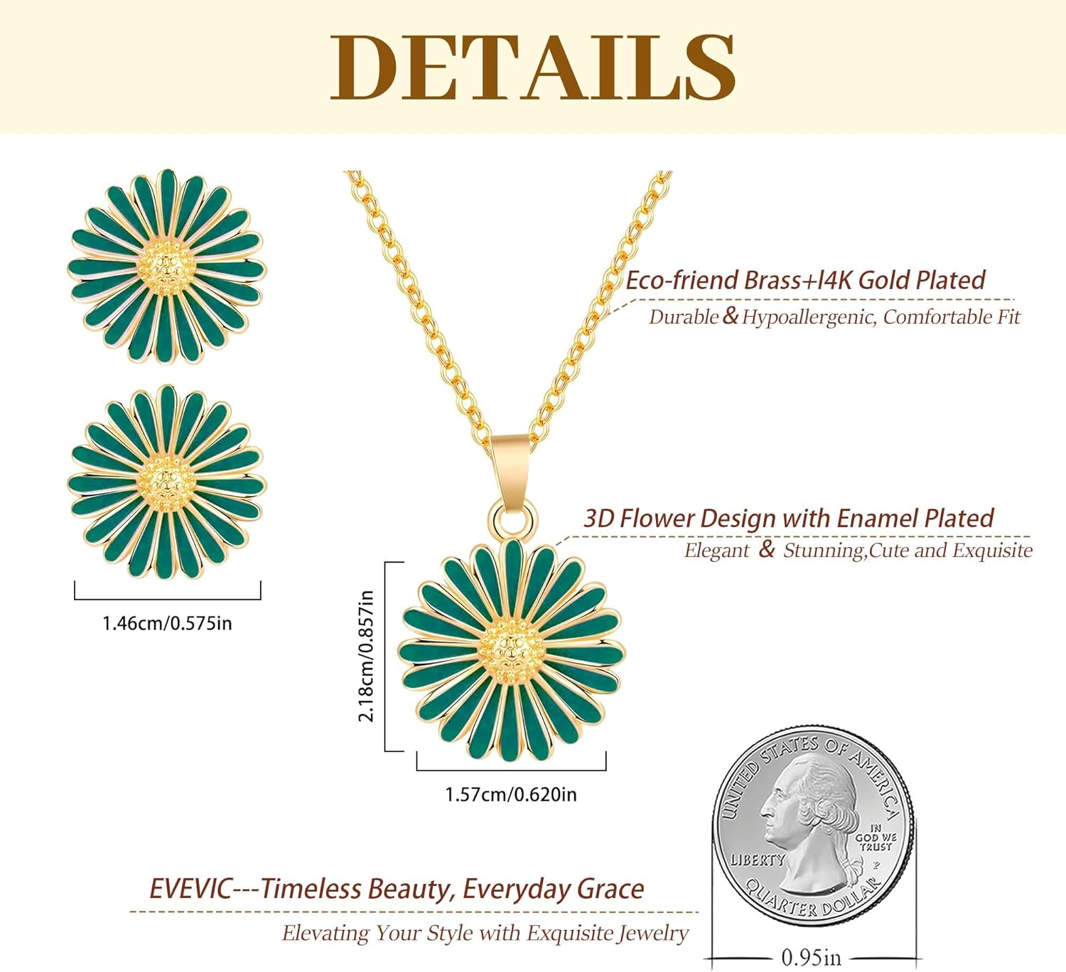 Daisy Flower Necklace Earrings Set for Women 18K Gold Plated Hypoallergenic Jewelry Sets