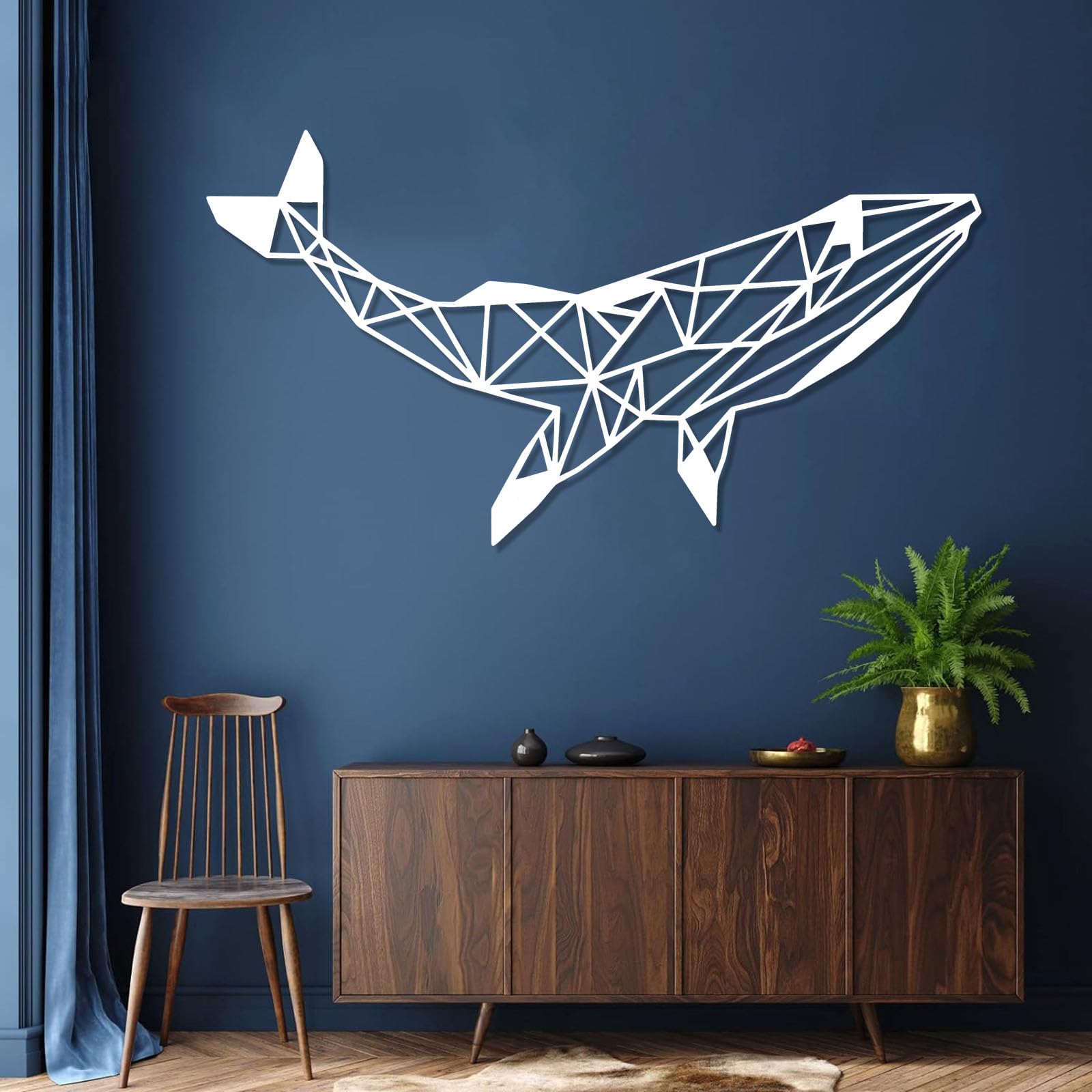 Współczesna abstrakcyjna metalowa dekoracja ścienna dekoracja wieloryba, duży design, geometryczna łazienka morska prezent dla miłośników morza (41 x 76 cm, srebrna)