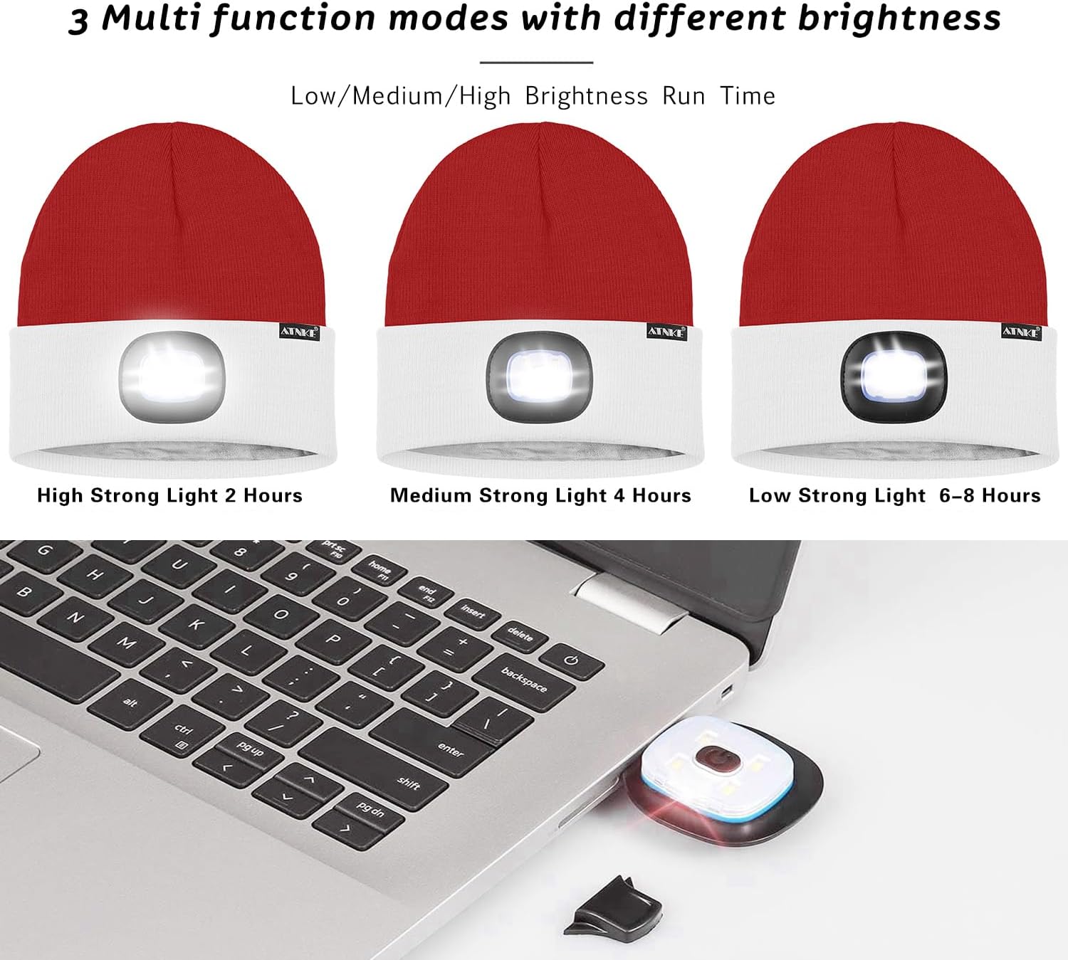 ATNKE LED Lighted Beanie Hat,USB Rechargeable 4 LED Running Headlamp Lined Fleece Cap with Light Gift for Men and Women
