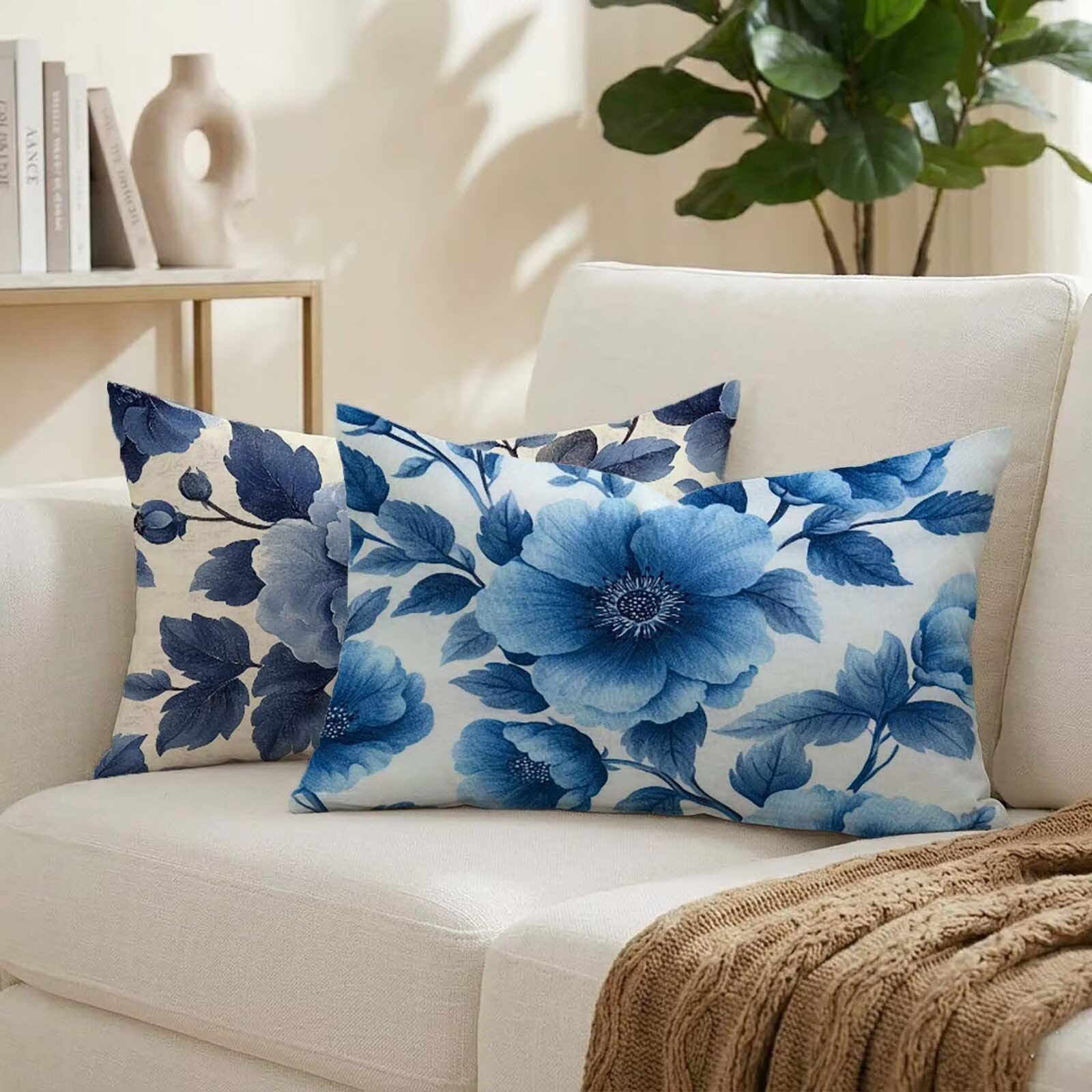Housse de coussin 50x80 cm bleu motif lin de qualité supérieure pour terrasse