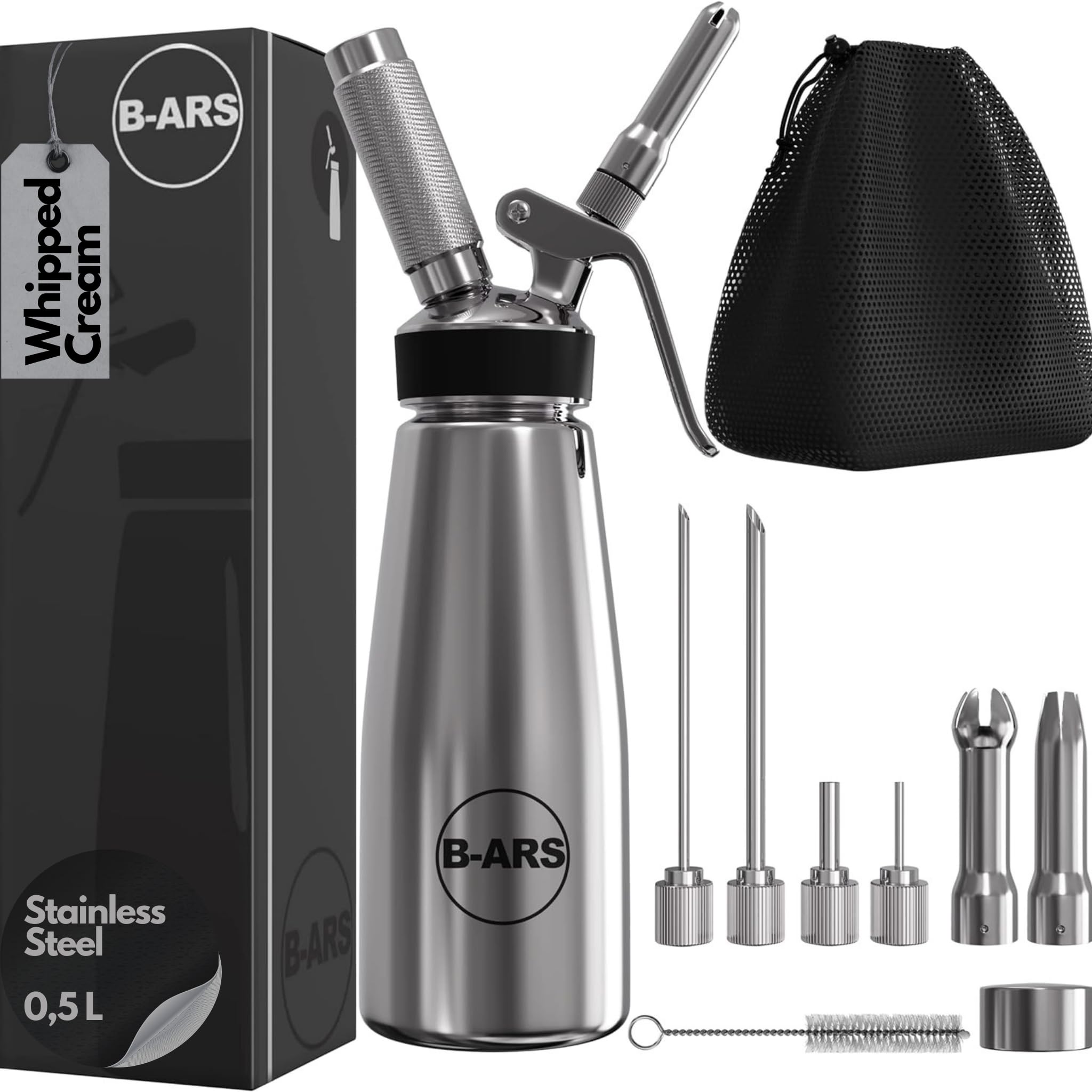 B-ARS Whipped Cream Dispenser-Professional Dispenser-Whip Cream Dispenser -Whipping Siphon-Whipped Cream Maker-Stainless Steel Whipped Cream Dispenser 500ml.
