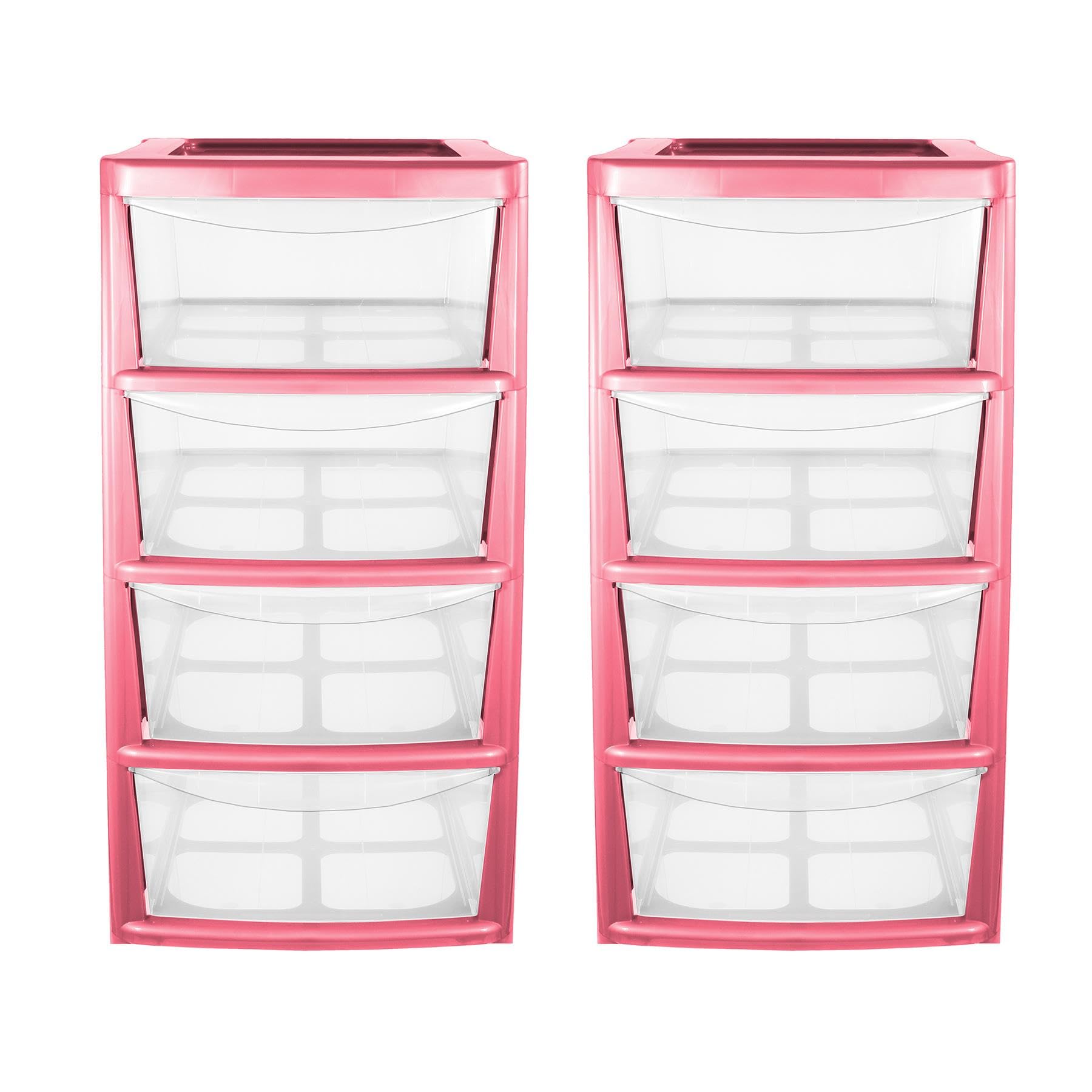 simpa Mini Plastic 4 Drawer Tower Storage Unit - Pink Gloss Finish, Set of 2 Units - 40cm (H) x 19cm (W) x 25.5cm (D)