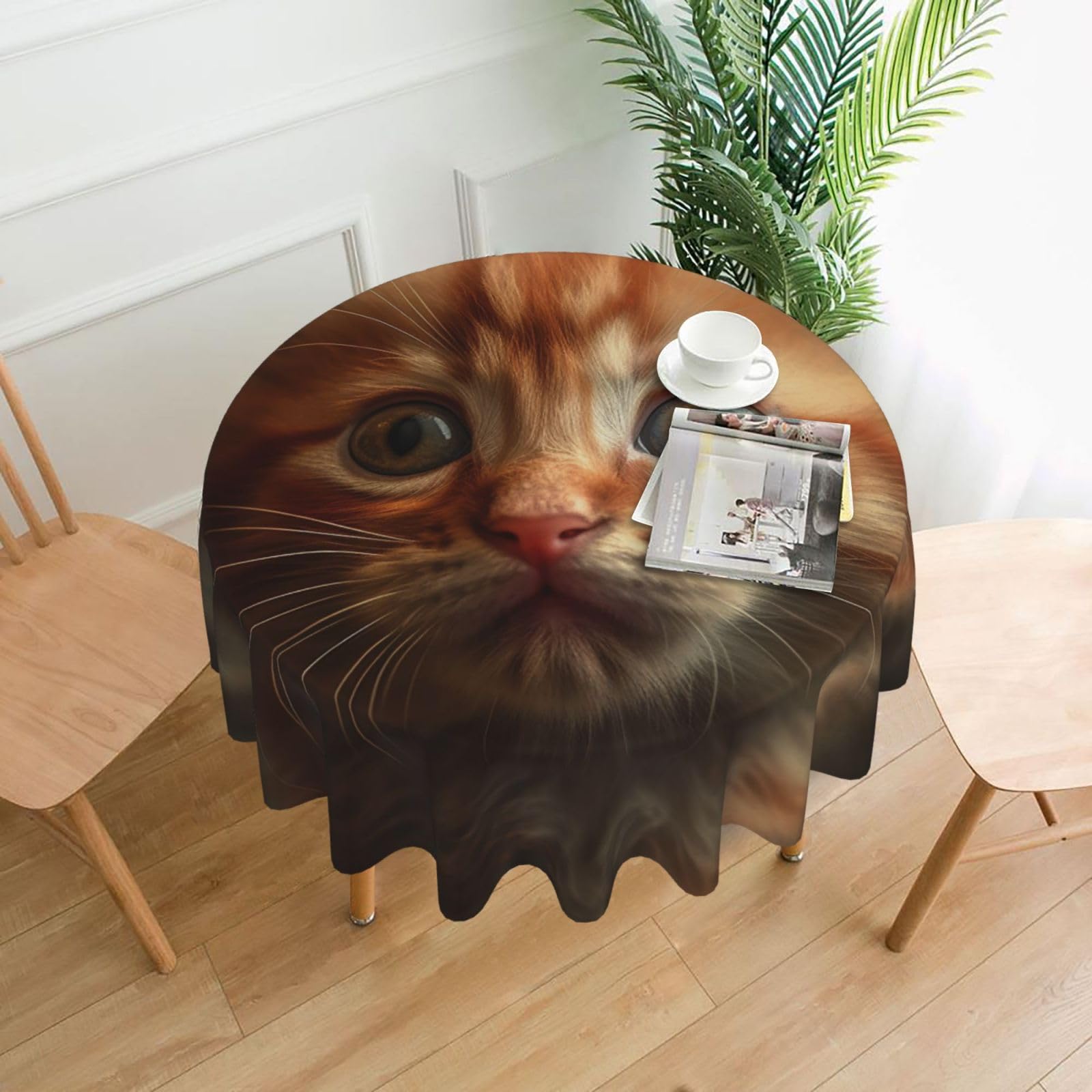 QMKFWT - Orange Cat Print Round Tablecloth, Dust Resistant Wrinkle Resistant Washable Polyester Table Cover for Kitchen Dining, Farmhouse, Picnic, Indoor and Outdoor (Round: