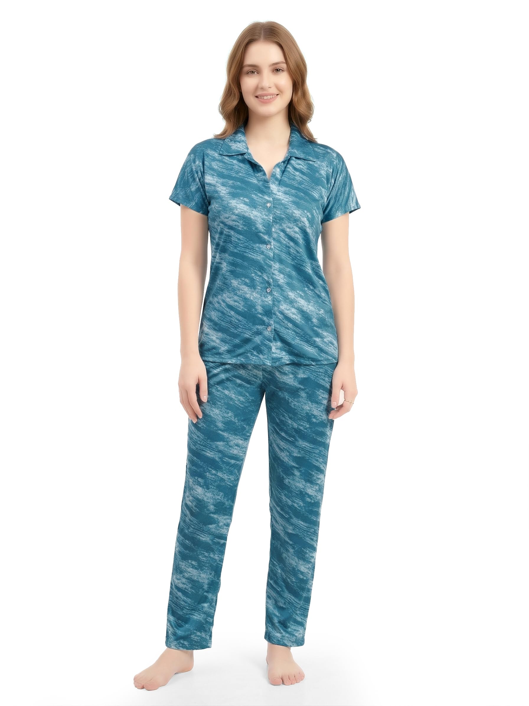 Women’s Satin Night Suit Set | Soft Silky Abstract Print Sleepwear for Women | Short Sleeve Button-Down Top with Long Pyjama Pants | Comfortable Loungewear & Nightwear Set for Women-picture-24