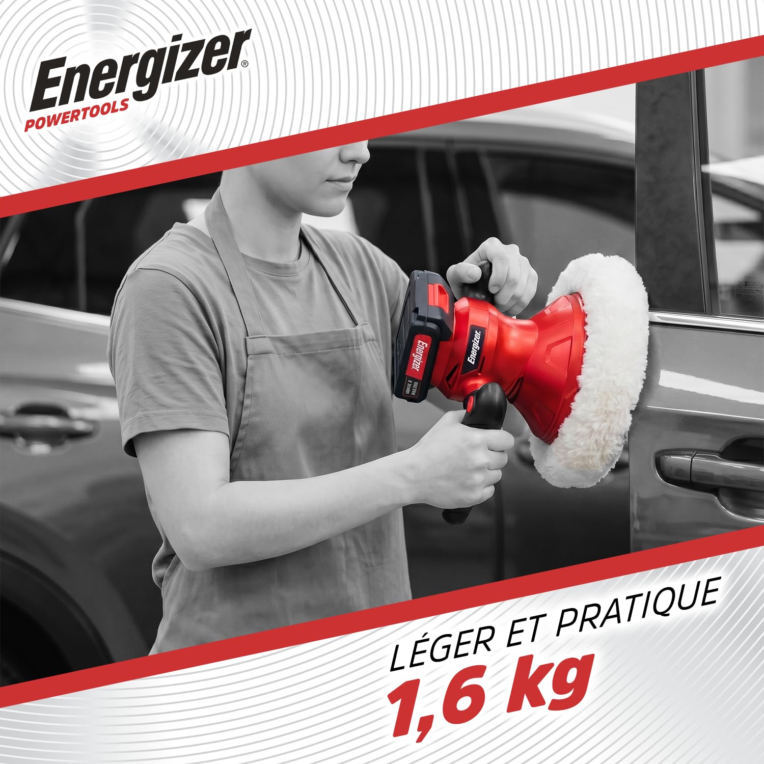 Energizer Lucidatrice per auto orbitale senza fili 20 V, 6 velocità 2000-6000 OPM, piatto 125 mm, lucidatrice per carrozzeria moto barca, batteria 2,0 Ah e caricabatterie inclusi, rosso