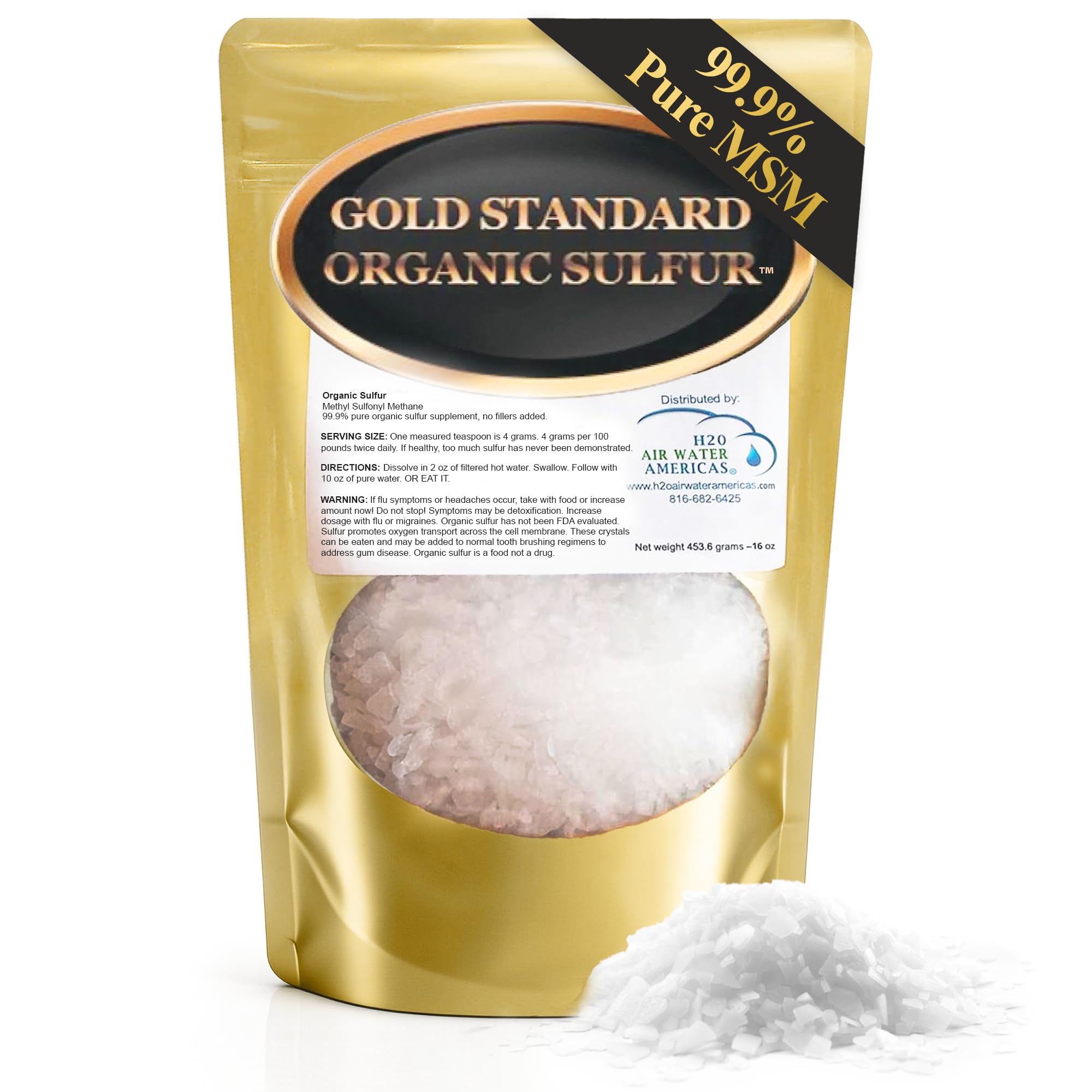 Gold Standard Organic Sulfur Crystals 1lb - 99.9% Pure MSM Crystals 1 Pound (Pack of 1)