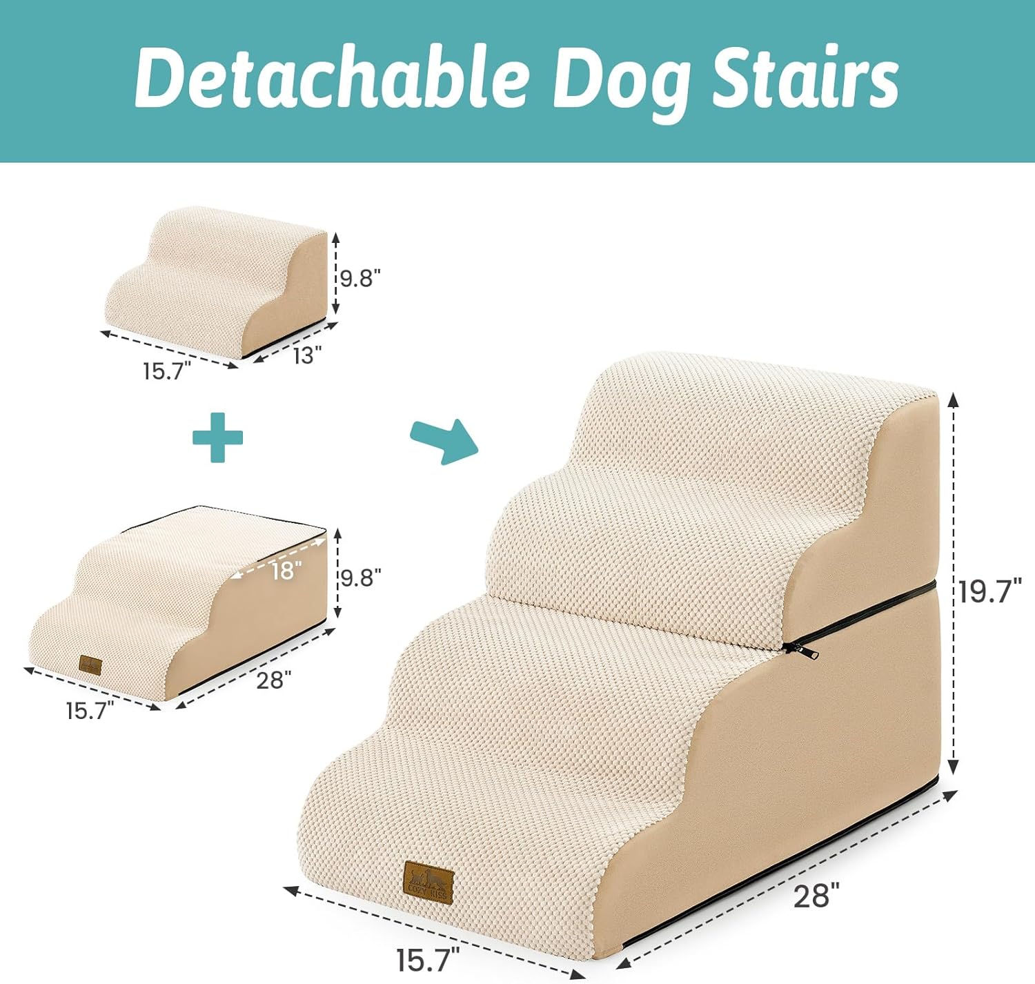 Detachable Dog Stairs for Small Dog, 4 Step Curved Dogs Step for Puppy or Older Cat, Ramp for Bed, Sofa, Couch or Chair, Ladder with High Density Foam, 15.7x28.3x19.7 inch, Beige