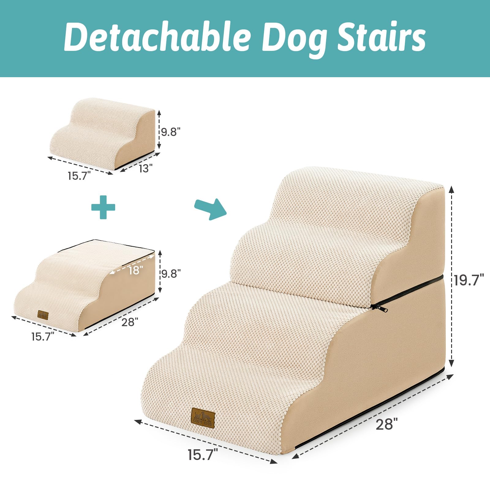 COZY KISS Escalera para Perros Pequeños, Rampa para Perros de Espuma para Cama y sofá, Escaleras para Mascotas con Funda Lavable, Rampa para Gatos de Fondo Antideslizante, Beige, 40x72x50cm