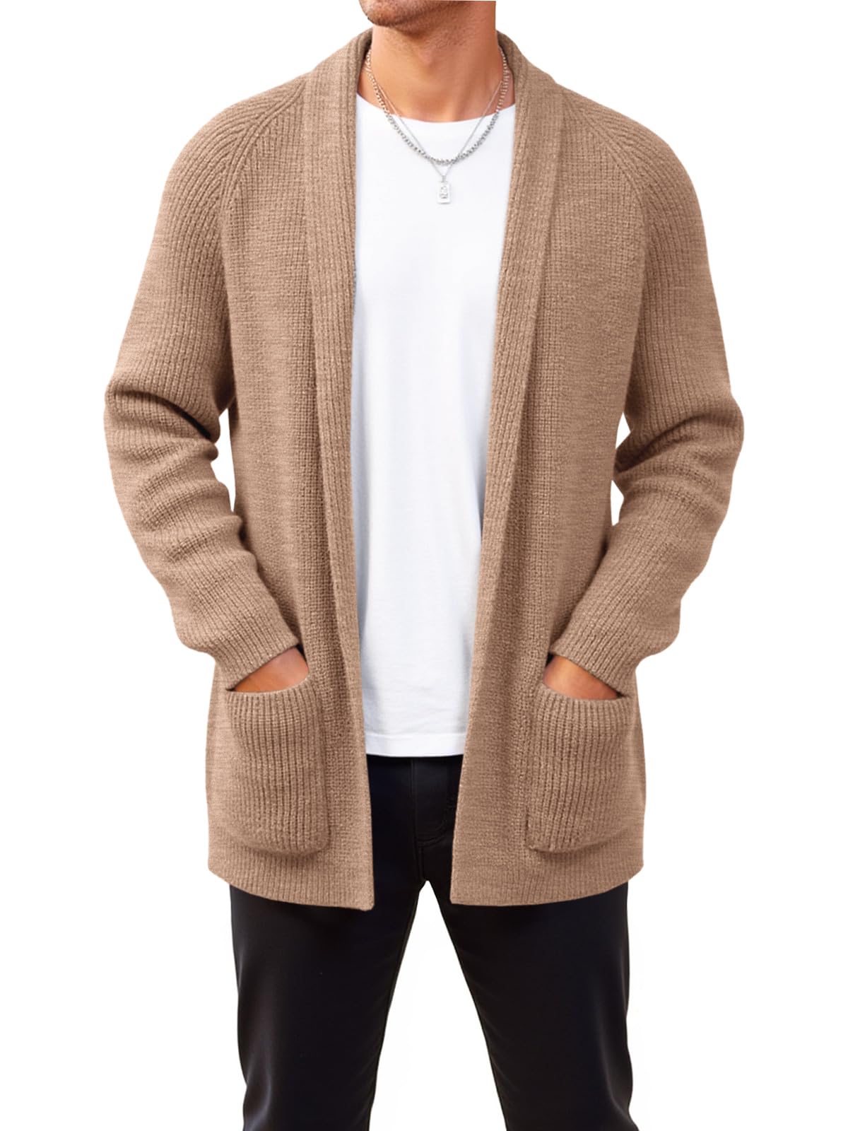Runcati Men's Shawl Collar Long Cardigan Open Front Casual Knit Sweaters