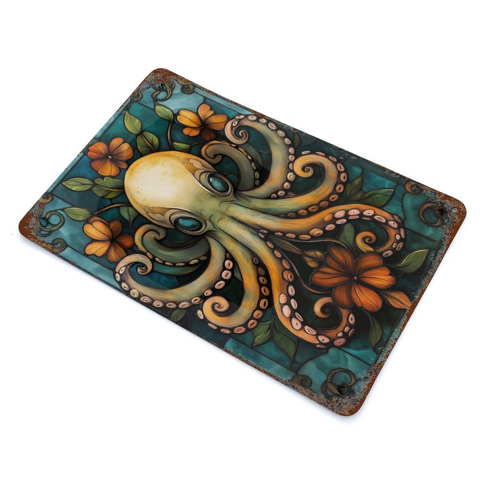 Octopus Stained Glass Art Rust Effect Tin Sign 11.8"x7.9", Ideal for Garage, Bar And Workshop Decor