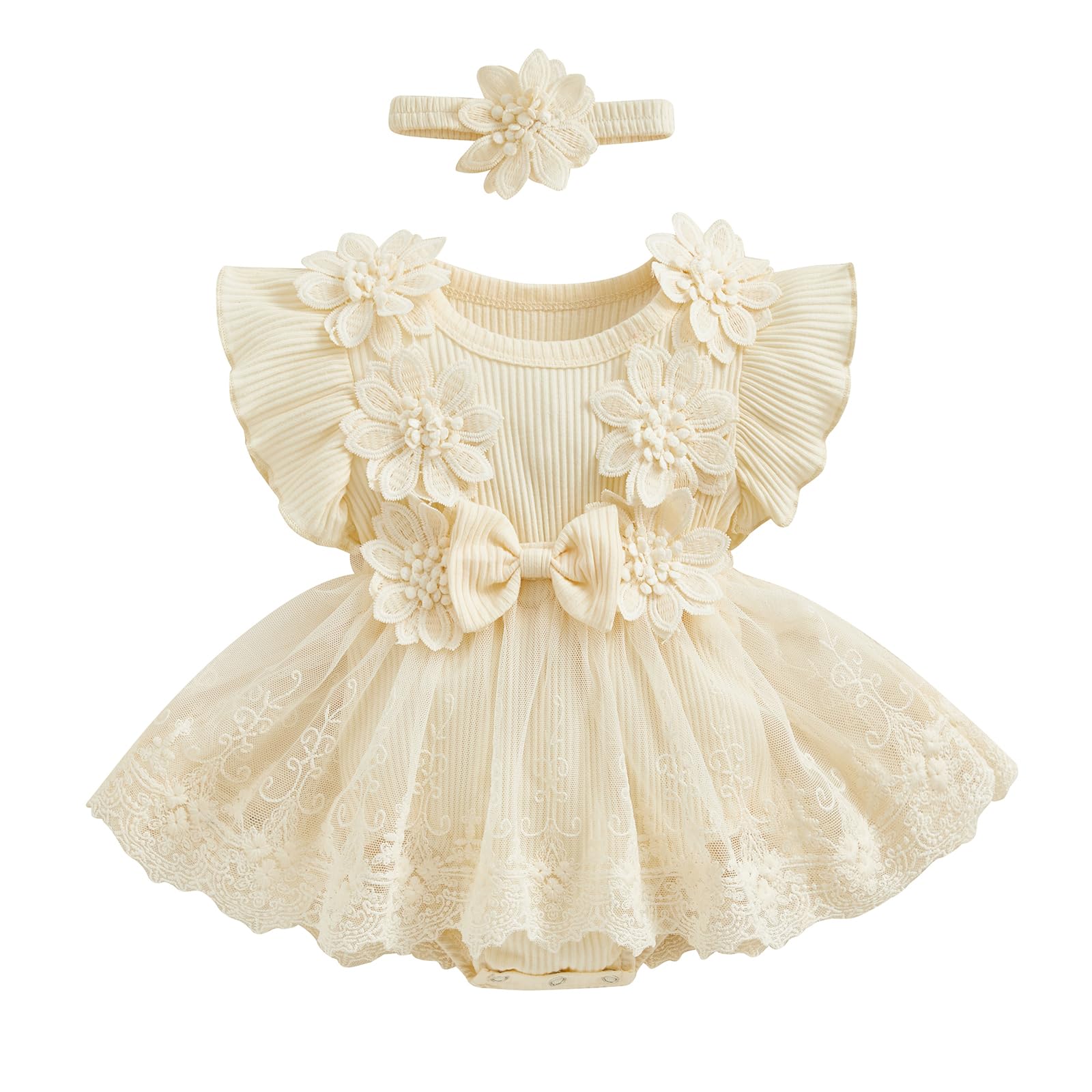 Carolilly Ropa de bebé recién nacido de verano de 2 piezas, mameluco de manga corta con falda de encaje floral + diadema a juego (0-18 meses), albaricoque, 3-6 Meses