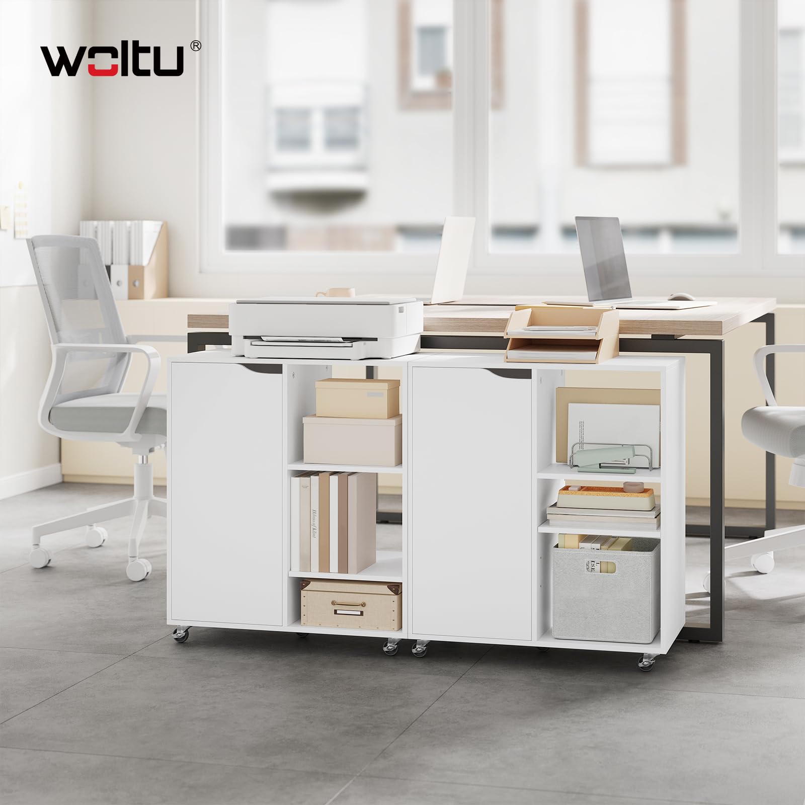 WOLTU Aktenschrank mit Rollen, Druckertisch mit 3 offenen Fächern, 1 Tür, verstellbaren Ablagen, für Zuhause und Büro, 60x70x35 cm, Weiß