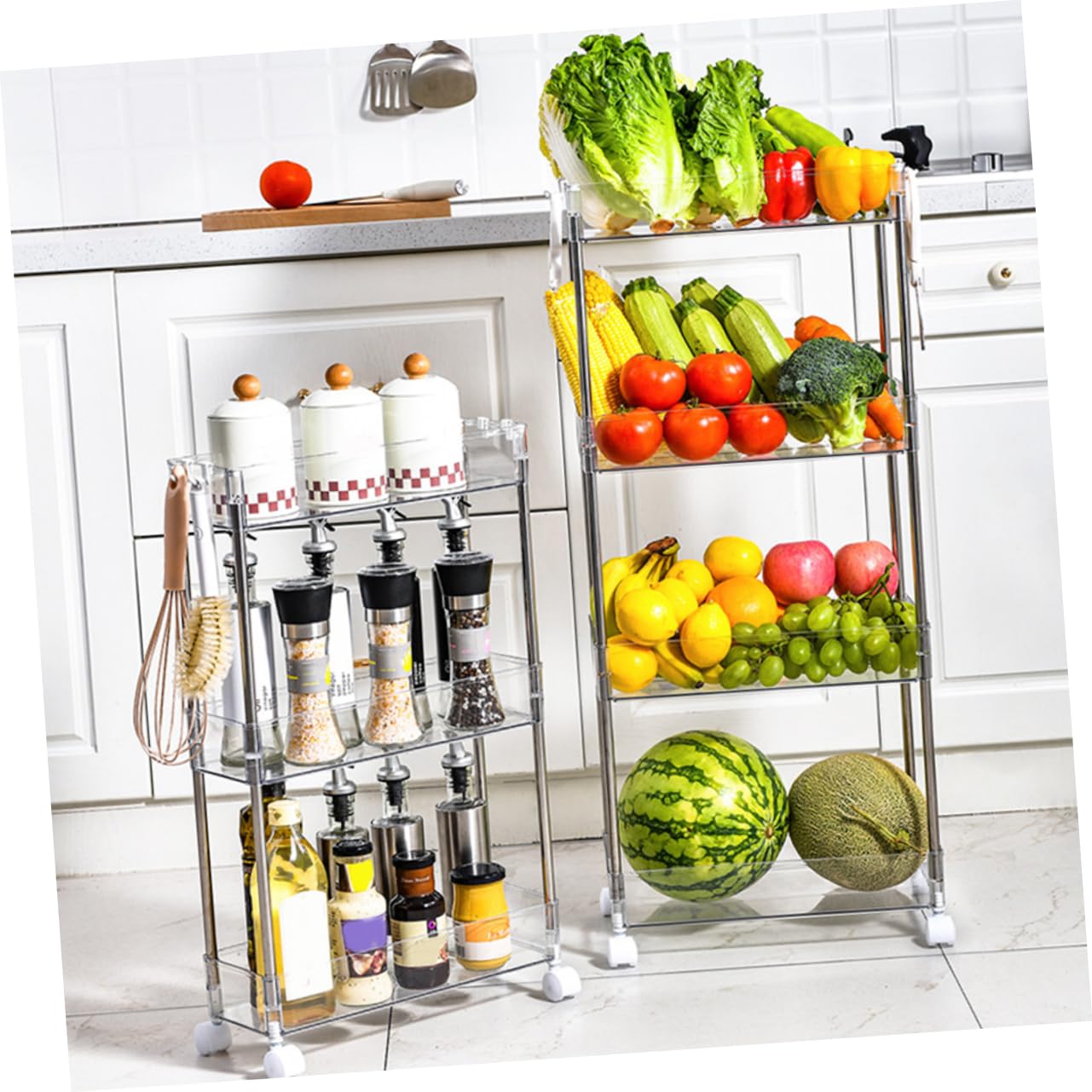 LABRIMP Mobile Cucina con Ruote Scaffale Portaoggetti da Cucina 3 Ripiani in Pet e Acciaio Inox Design Trasparente e Balcone