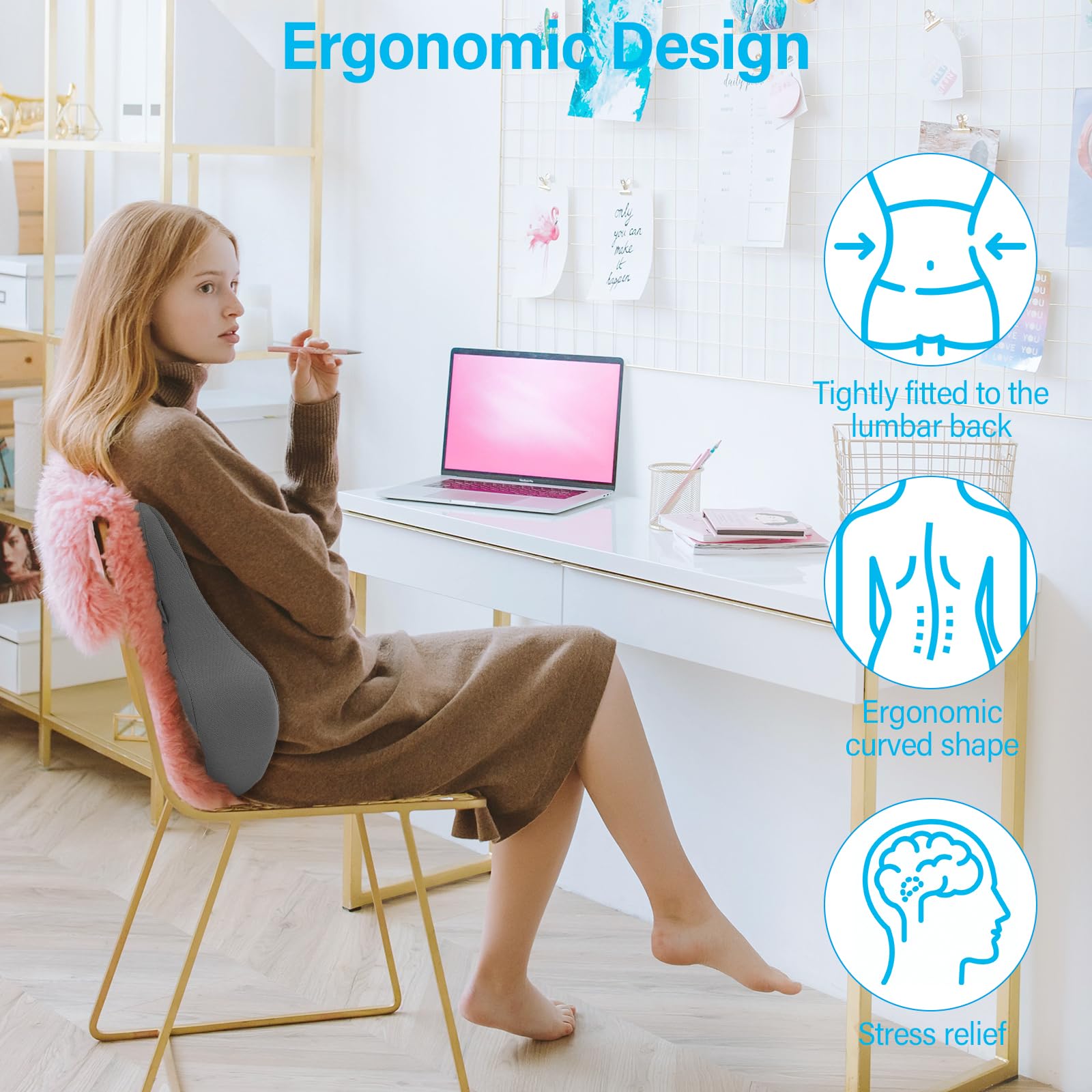 Farerkass Cuscino Lombare Ergonomico, Supporto Lombare in Memory Foam, Cuscino Schiena, Cuscino Lombare Sedia con Maglia per Casa, Auto, Ufficio, Carrozzina, Viaggi (Grigio Chiaro)