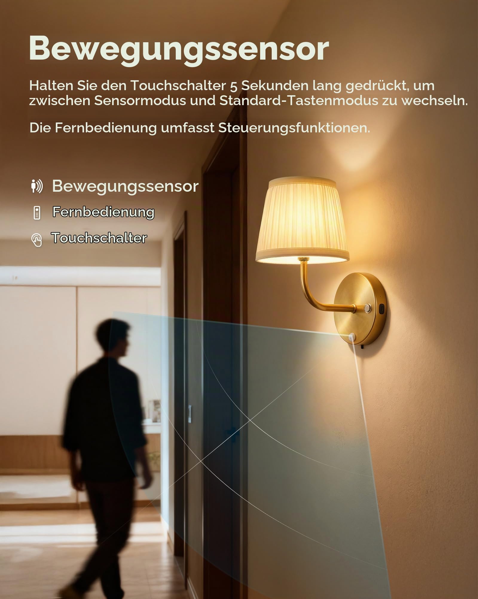 2 Stück wiederaufladbare Wandleuchten mit Bewegungssensor, dimmbare LED-Wandleuchten, 5200-mAh-Akku, inklusive Stofflampenschirm, geeignet für Schlafzimmer, Wohnzimmer und Flur (Gold + Beige)