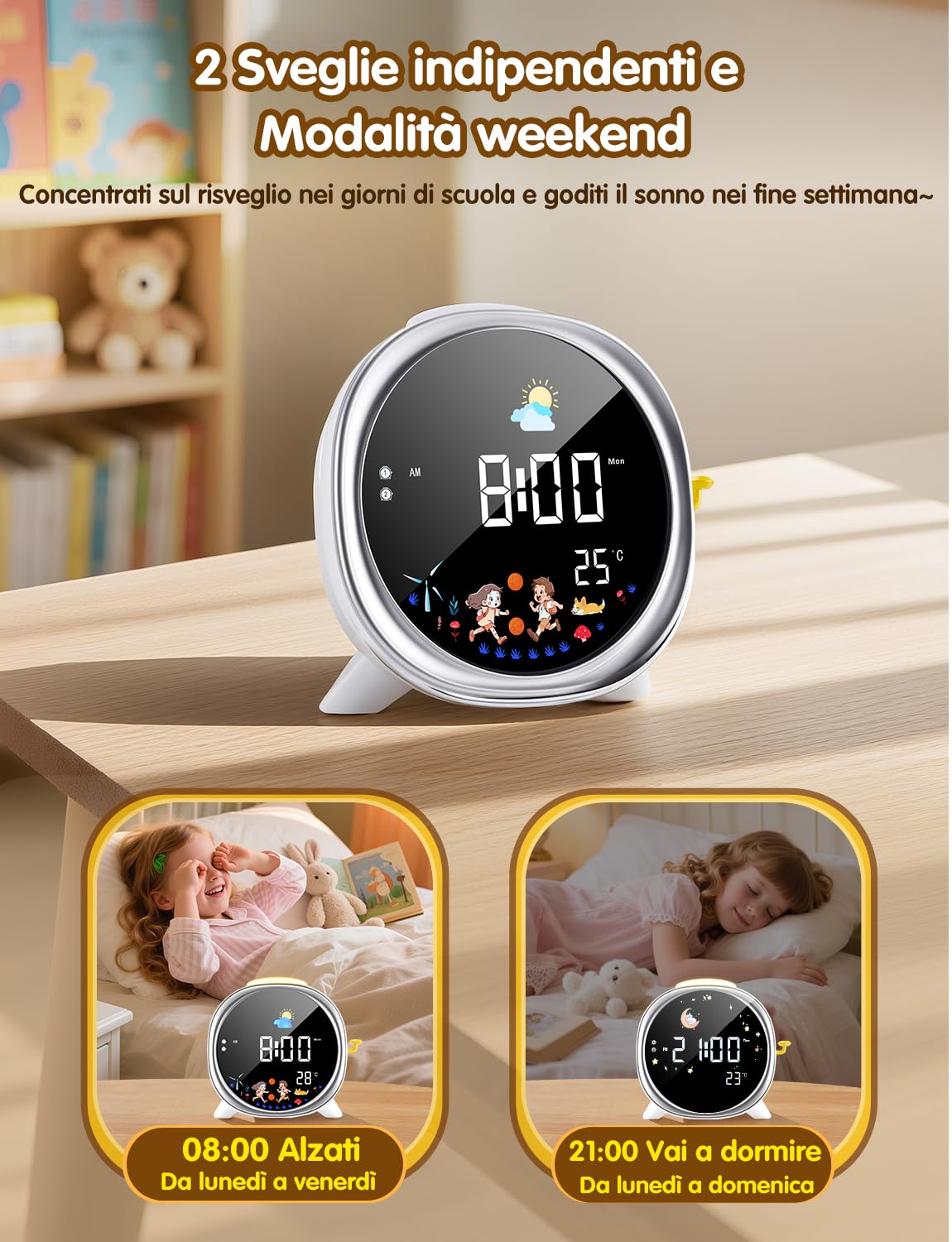 LIORQUE Sveglia Digitale per Bambini, Sveglia Bambini, 5 Suoni, Luce Notturna Regolabile, Display LCD con Modalità Sole e Luna, Doppia Allarme, Alimentazione USB, per Bambini e Bambine