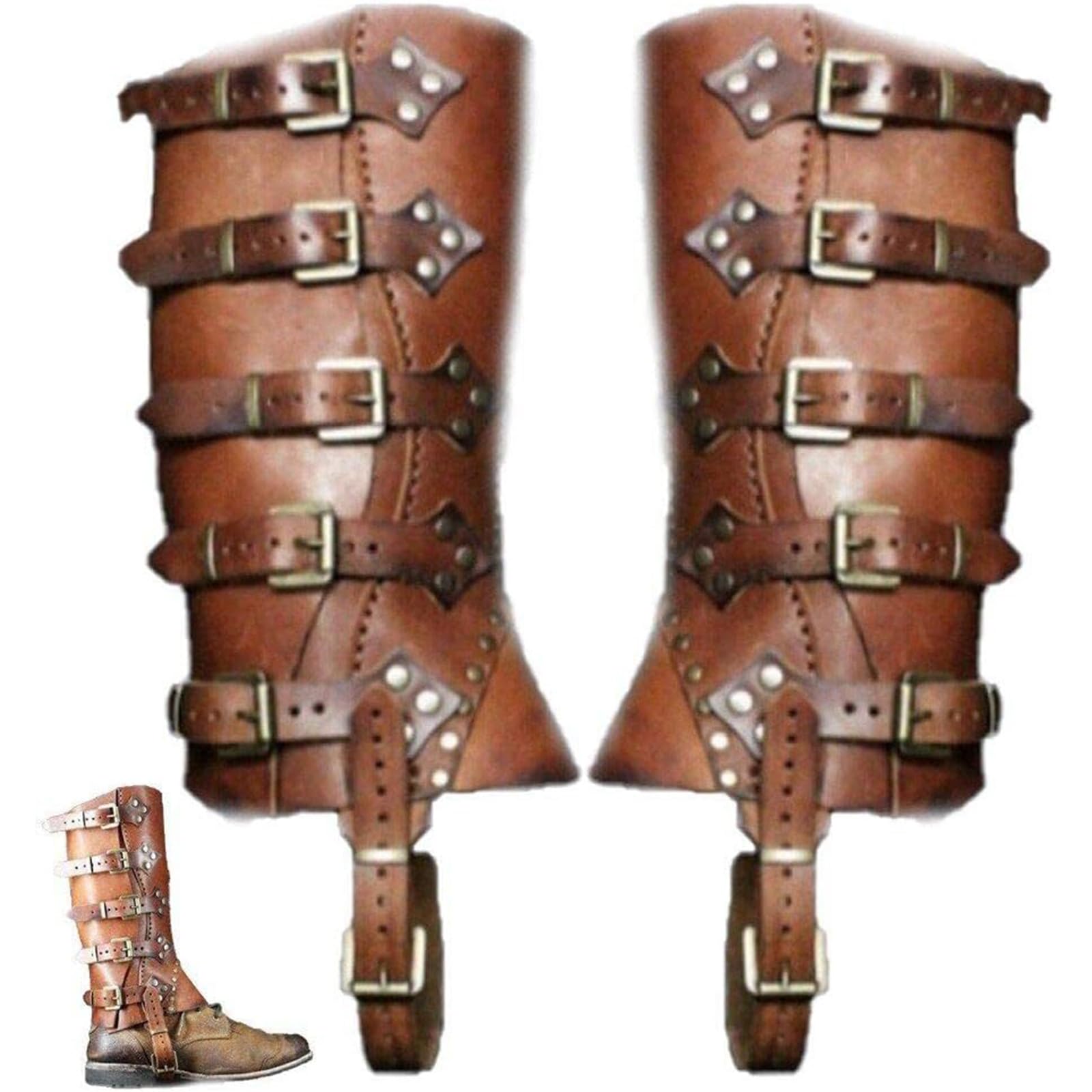 BBTISG Medieval Leather Boots, Adjustable Retro Leg Retro Leather Leg Armor Viking Knight Costume Strap Puttees PU Leather Medieval Leather Boots Reenactment Accessory for Men Women