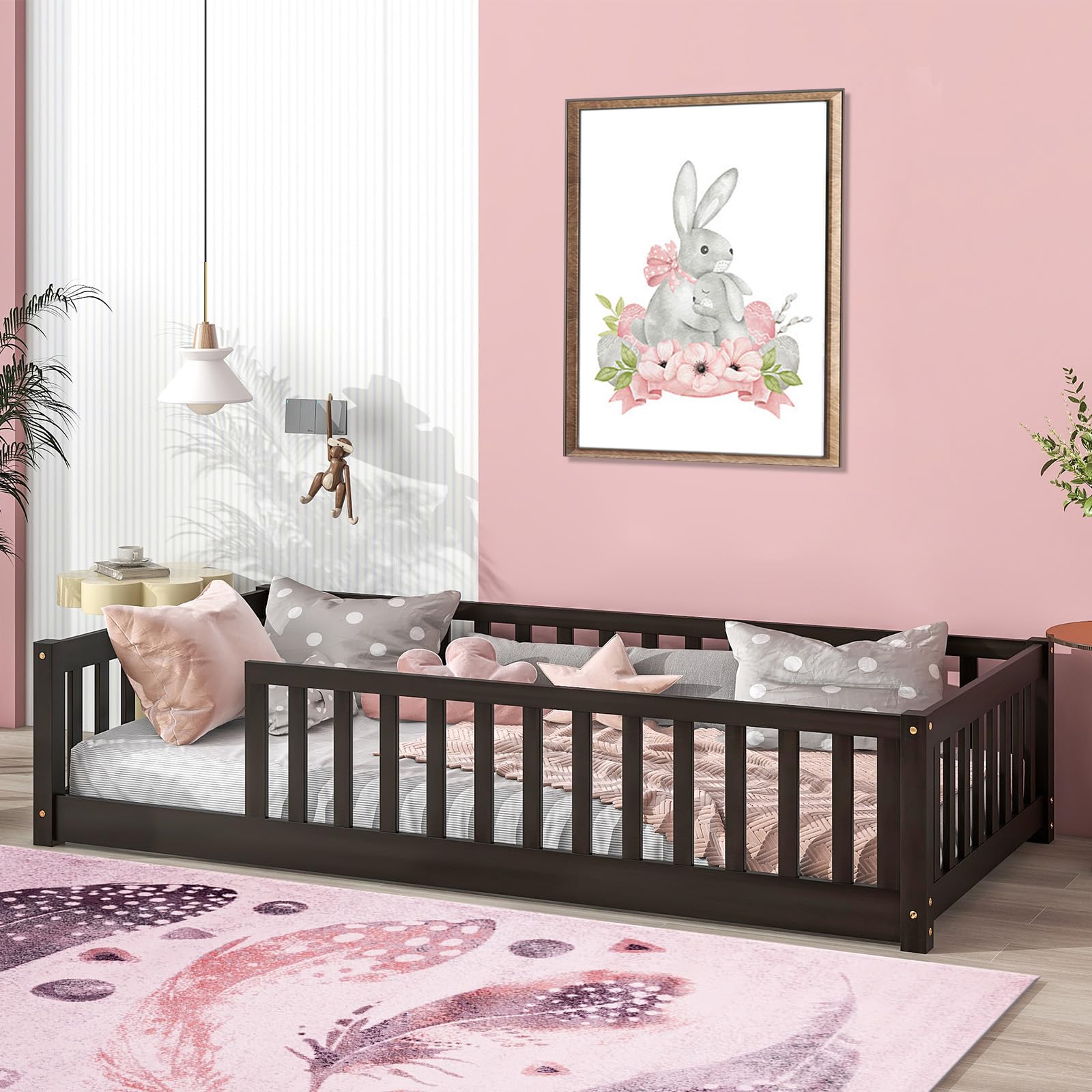Tatub Twin Floor Bed with Safety Guardrails and Slats, Montessori Bed Frame for Kids, Wood Montessori Floor Bed for Girls and Boys, Twin-Espresso Without Door