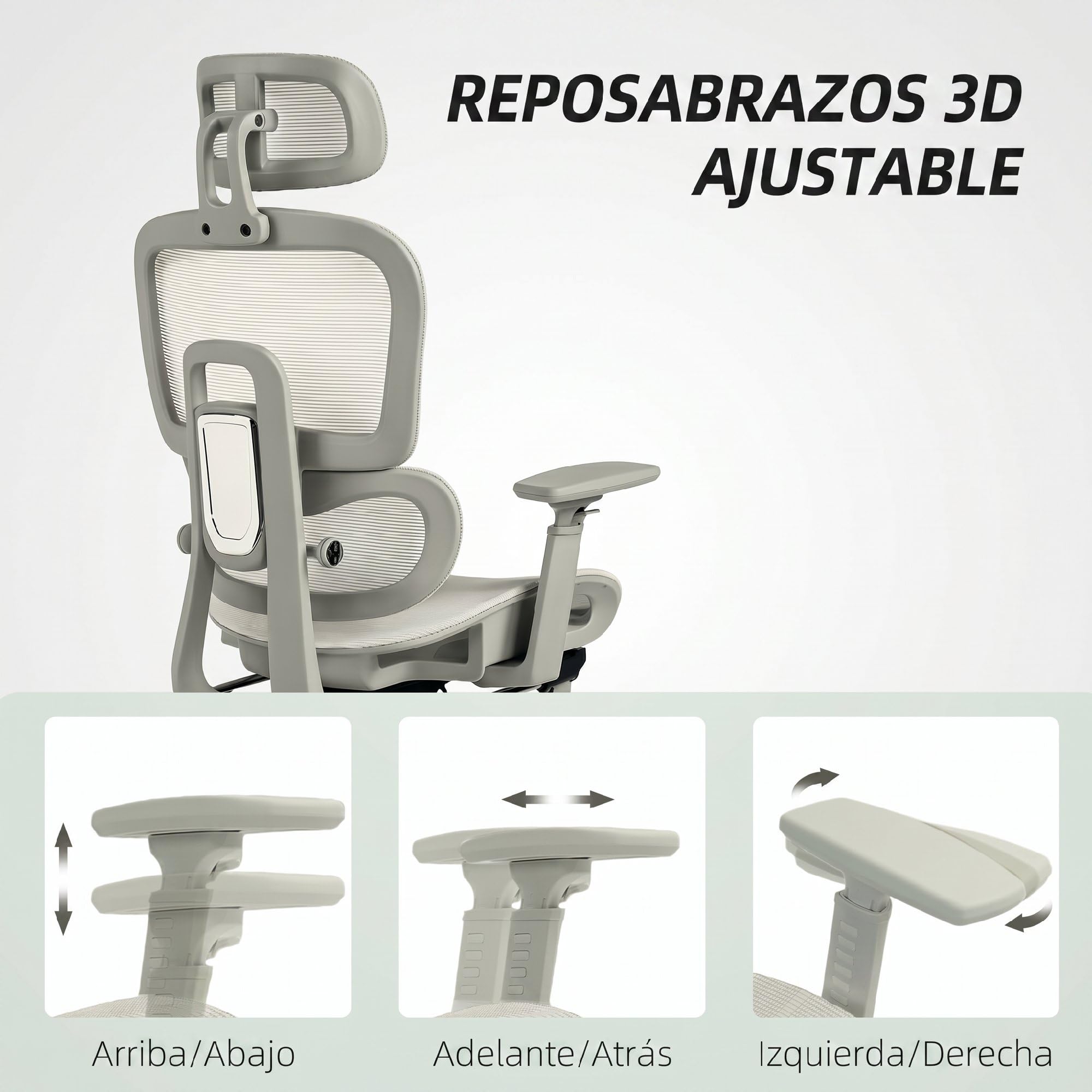 HOMCOM Silla de Oficina Ergonómica de Malla con Reposabrazos 3D Beige | Silla de Escritorio,Reclinable a 135°,Reposacabezas Ajustable,Respaldo Alto,Soporte Lumbar,Reposapiés,Altura Ajustable