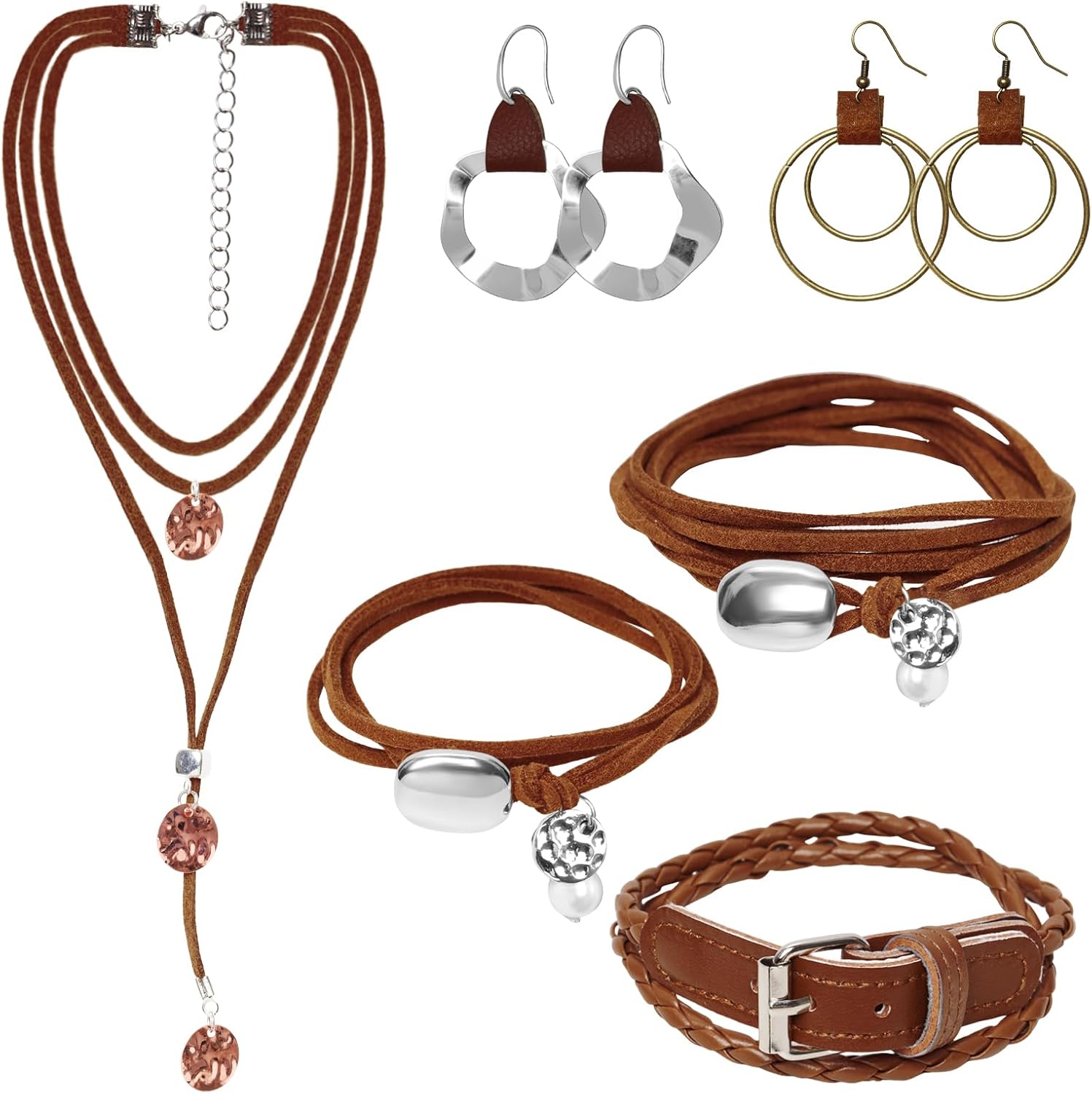 24 Pcs Western Jewelry for Women Boho Set Bohemian Turquoise Jewelry Set Turquoise Pendant Long Necklace Vintage Layer Bracelet Earrings