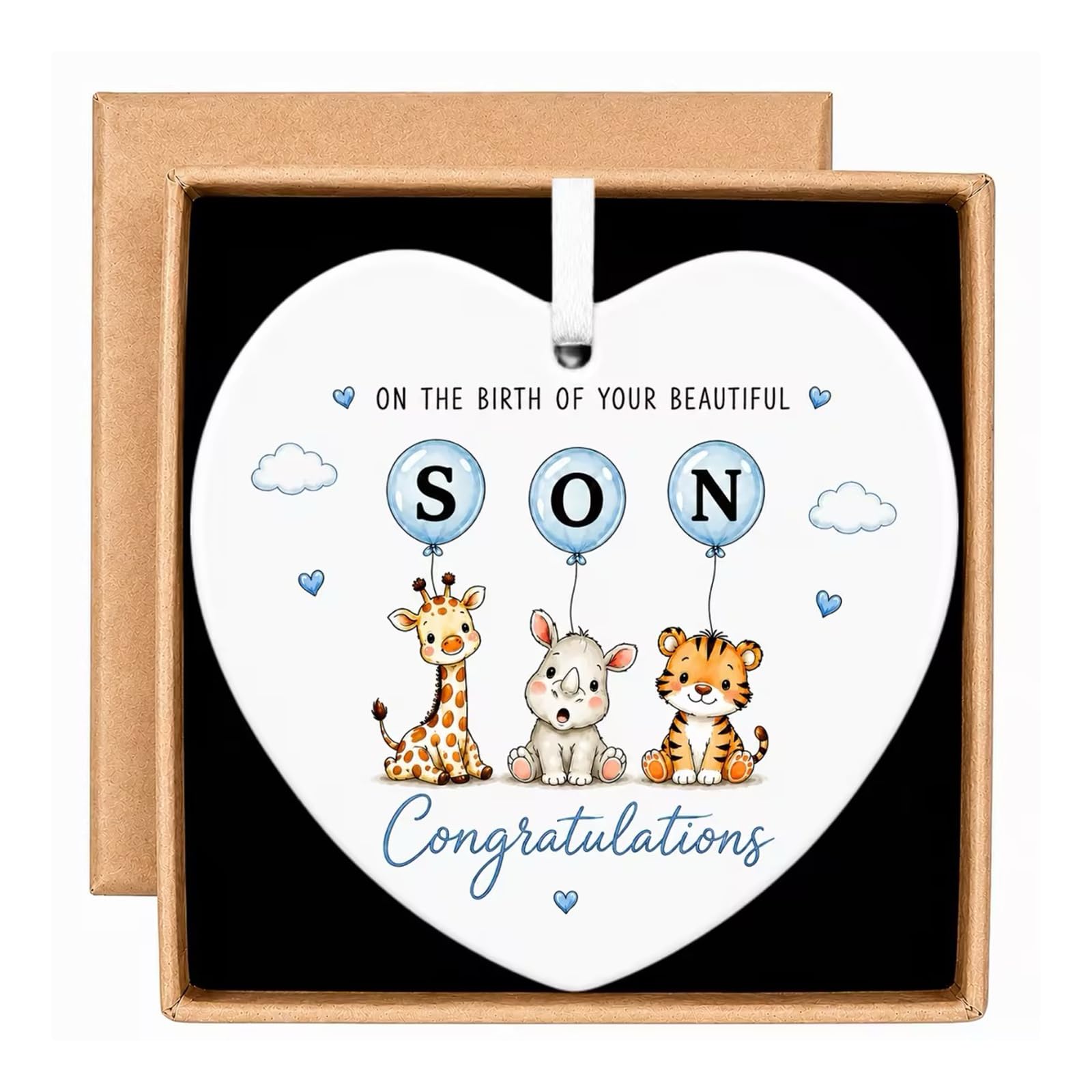AIKOBAA Ceramic Heart Hanging Ornament Newborn Gifts – Baby Boy Gift with Animal Balloons Spelling SON, New Mum Gifts, for Mum, Baby Essentials for Nursery Keepsake