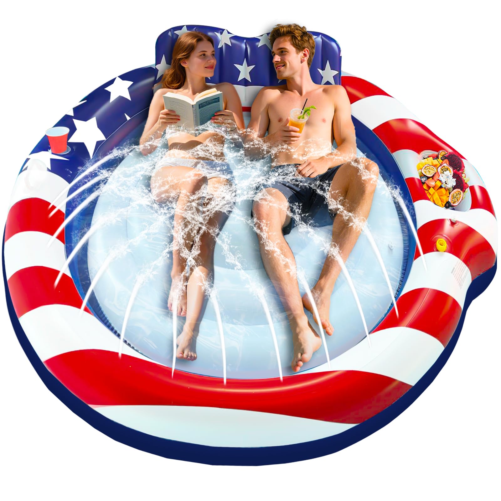Inflatable American Flag Pool Floats for Adults Patriotic 4th of July Pool Party, 72'' x 65'' Tanning Pool Lounger Float with Sprinkler Pillow & Drink Holder, Tanning Bed Pool Floatie for Adult Beach