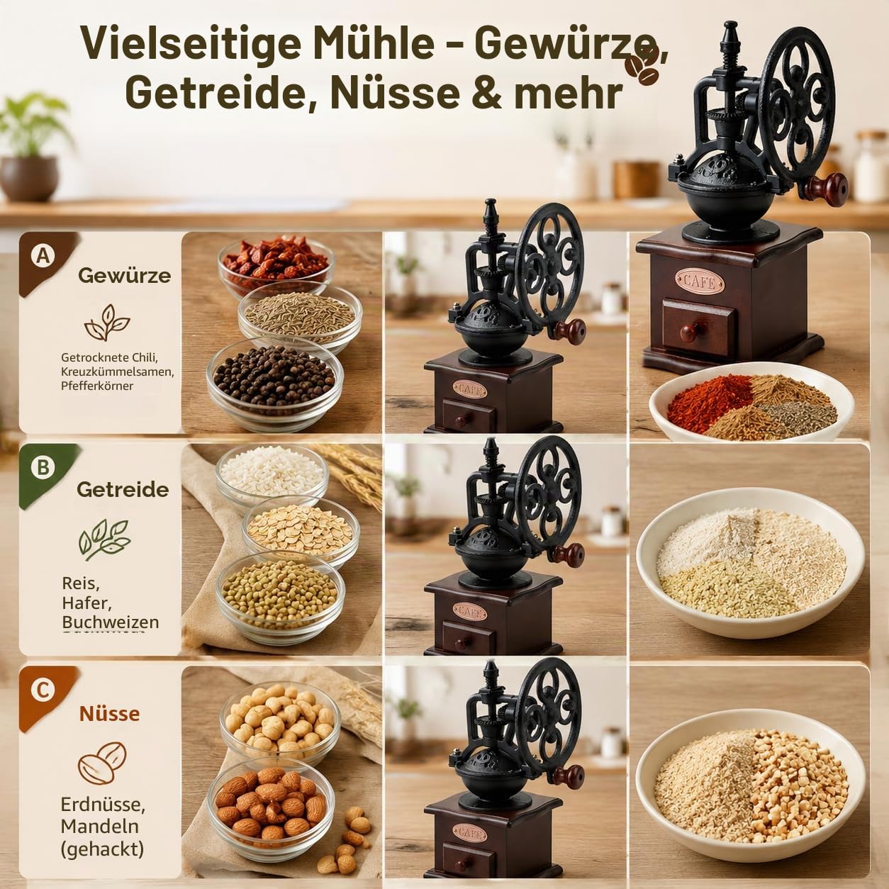 Zerodis Manuelle Kaffeemühle, Retro-Stil, Handkurbel, Holz, Keramik, Gusseisen, Mühle für Kaffeebohnen, Gewürze, Pfeffer, Getreide, Vintage-Dekoration
