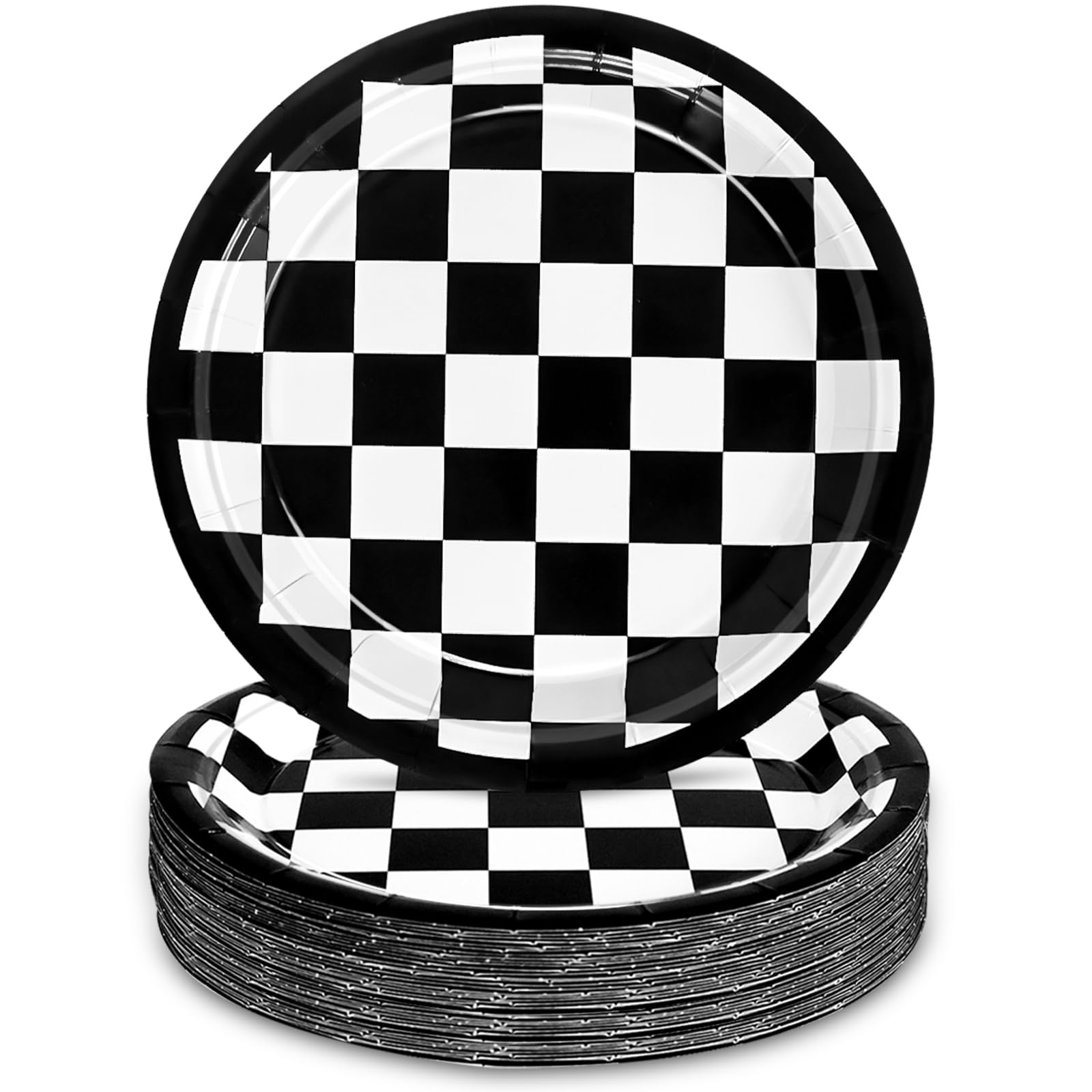 48 Pcs 7" Black Checkered Paper Plates Light Black & White Gingham Flag Party Plates, Plaid Dessert Table Supplies for Race Car BBQ Gathering Picnic