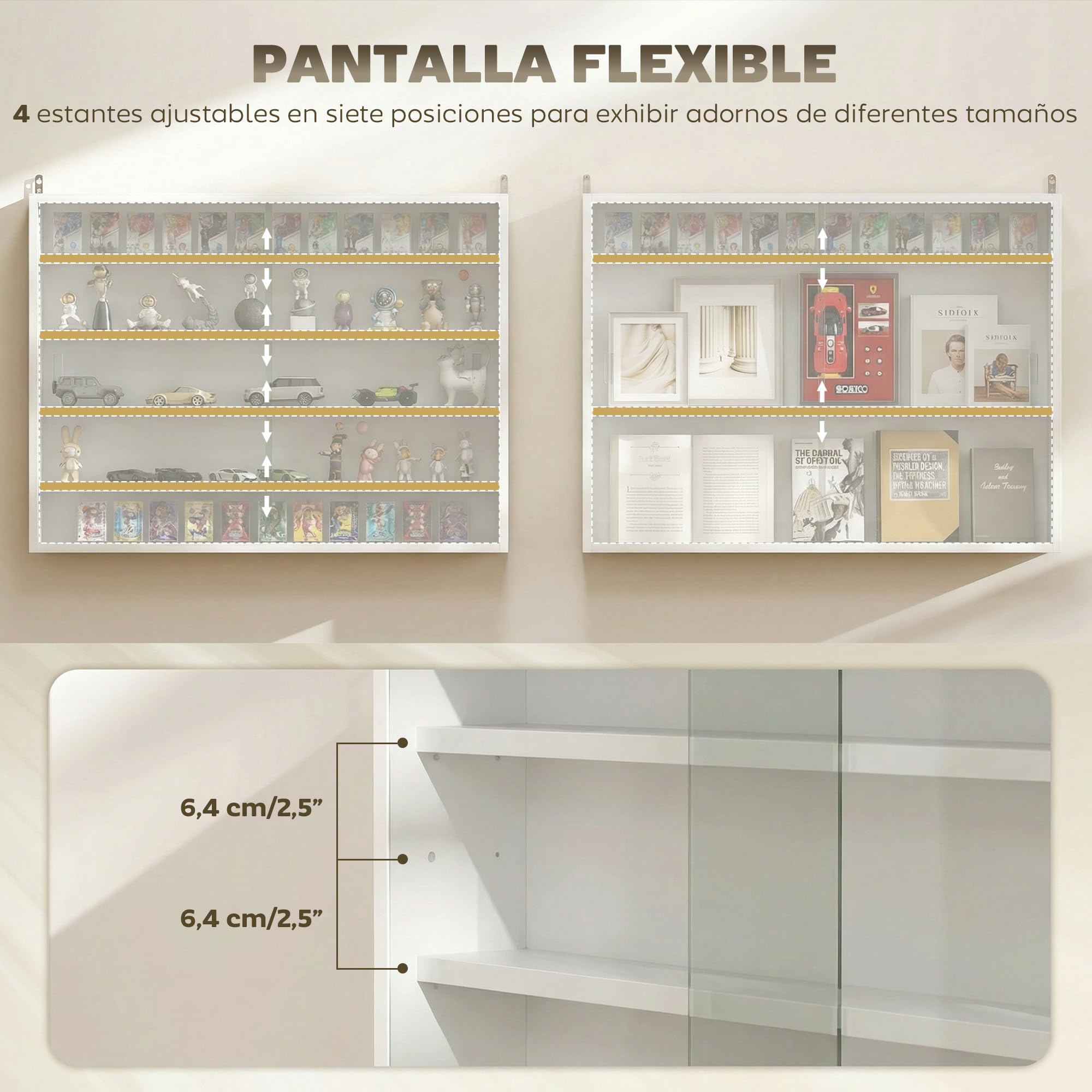 HOMCOM Vetrina espositiva per collezioni a 5 livelli, vetrina da parete, con ripiani regolabili e 2 ante scorrevoli in vetro, per profumi, statuine decorative, 80x9,5x60 cm, bianco