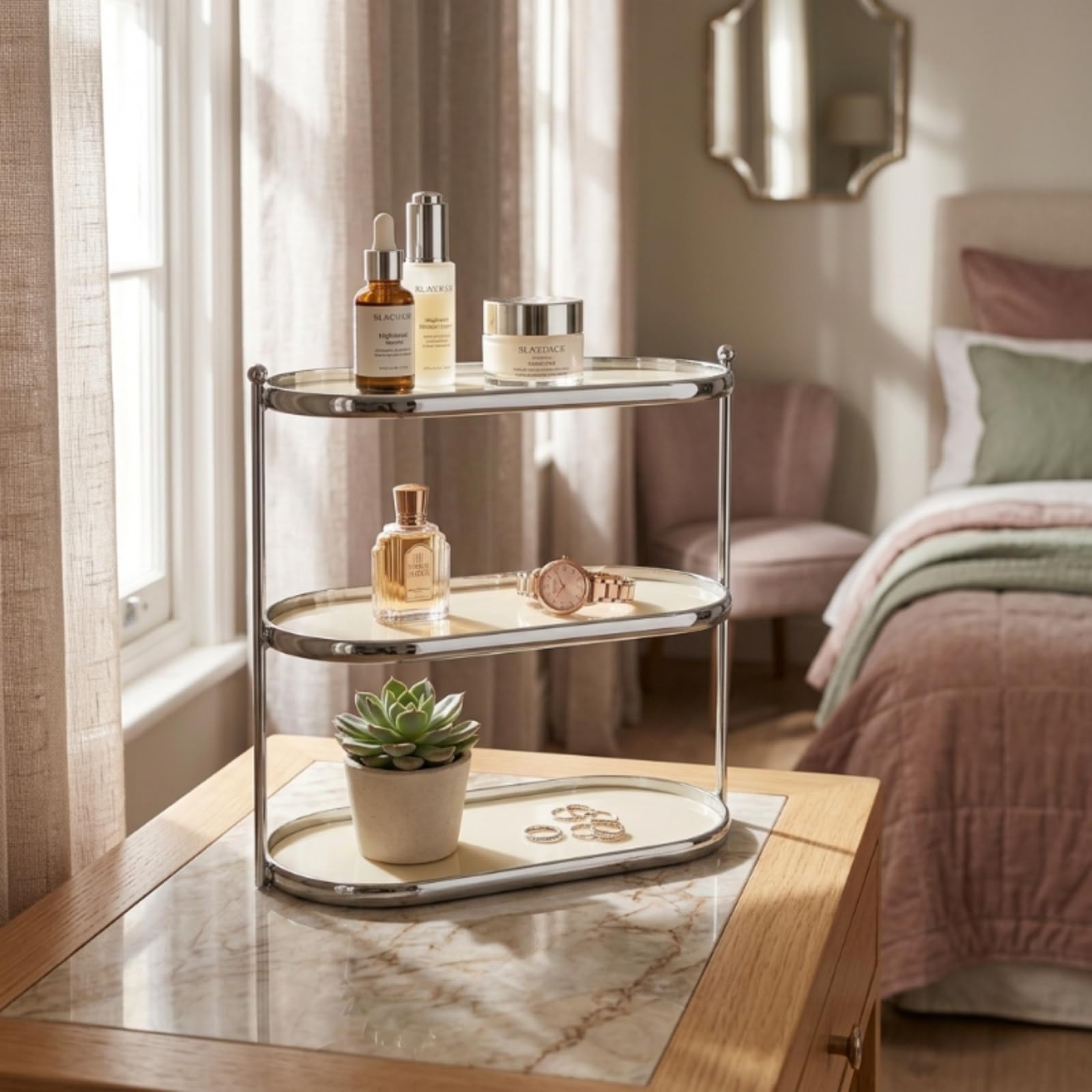 Estante de Almacenamiento de Dos Niveles Organizador de Cosméticos Joyas Maquillaje Perfumes Estantería Acrílica con Estructura Metálica Resistente, Beige, Style to 3