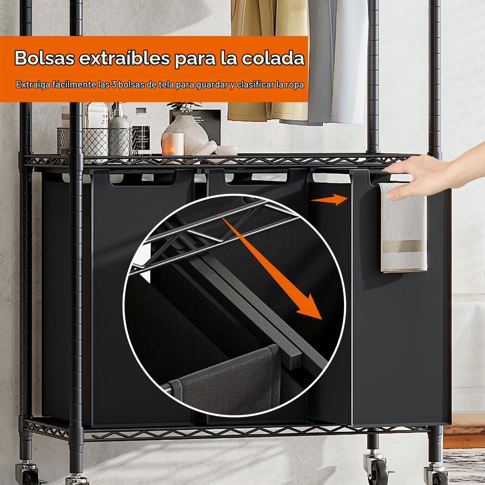 Carrito para Ropa Sucia con Ruedas, 3 Compartimentos | Barra para Colgar, Con Bolsas Desmontables, Ideal para Lavandería o Dormitorio, 79 × 36 × 185 cm, Negro