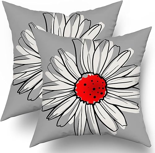 Miniatura 2 de Juego de 2 fundas de almohada de margaritas rojas de 20 x 20 pulgadas, fundas de almohada florales modernas abstractas de flores, decoración del