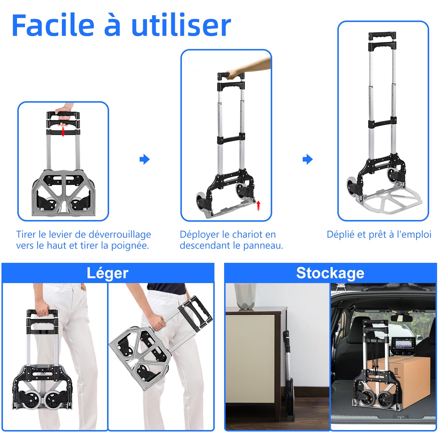 HOMELUX Mini Diable Pliant Aluminium - Chariot Déménagement 75kg Avec Poignée Réglable