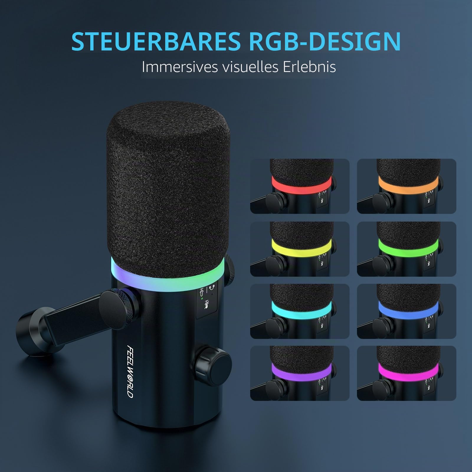 FEELWORLD PM1 XLR USB Dynamisches Mikrofon mit Boom Arm Stand für Podcast Aufnahme PC Computer Gaming Live Streaming Vocal Voice-Over, Studio Metall Mikrofon, RGB Licht, Mute Taste, Kopfhöreranschluss
