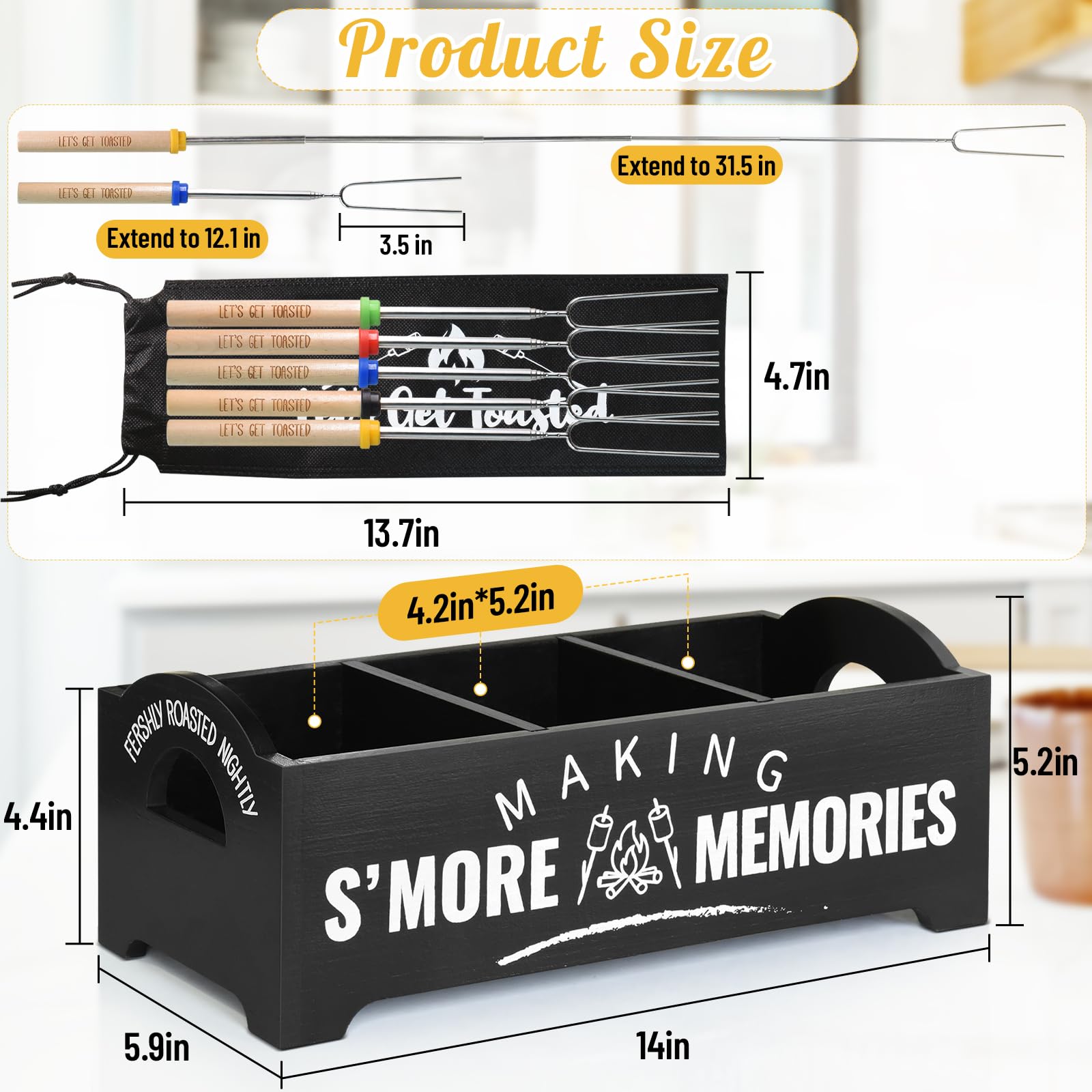 Cajas decorativas para Smores Caddy, estación de madera S'Mores con asas, kit de Smores negros para caja para hacer smores de hoguera