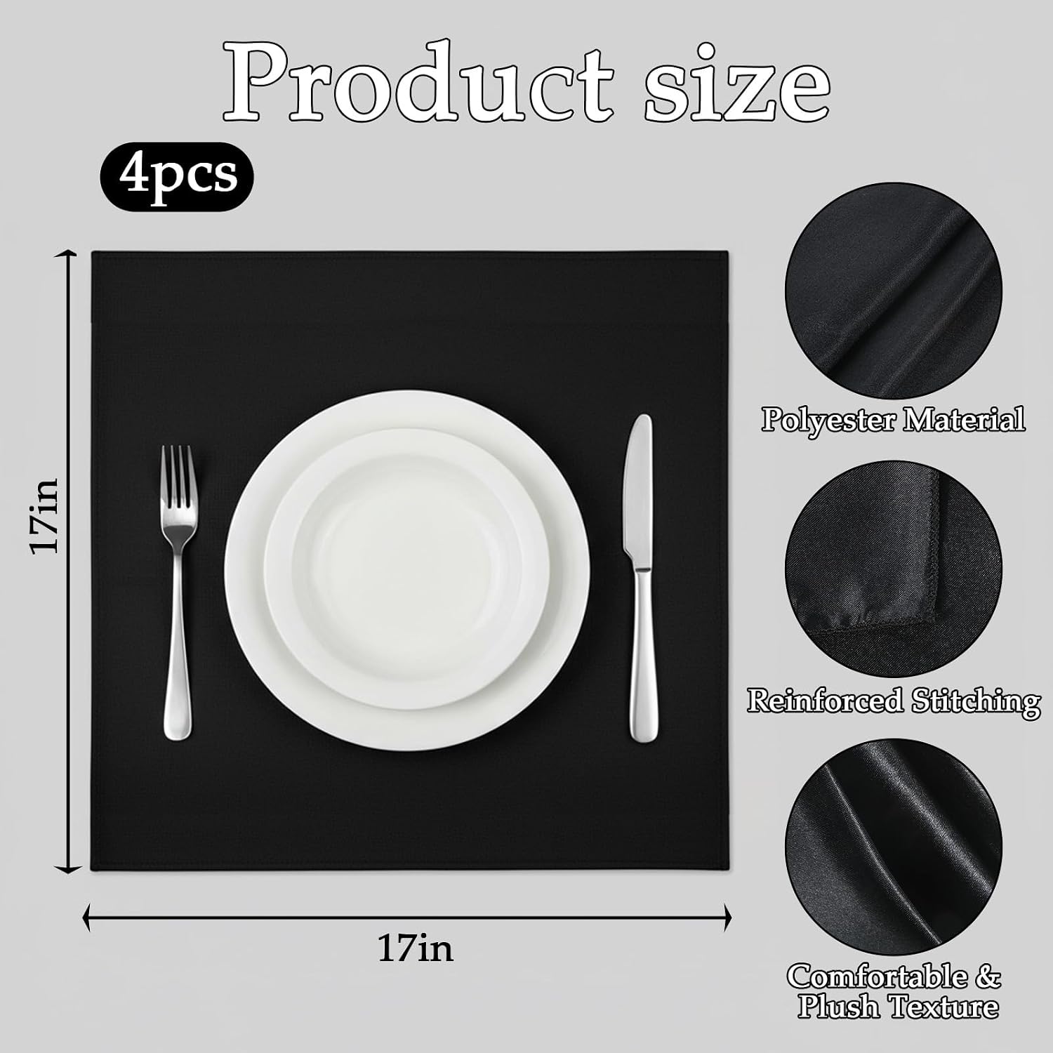 Black Cloth Napkins Set of 4 Washable Polyester Dinner Napkins for Weddings, Parties, Banquets, Events Table Decoration(17 x 17 Inch)