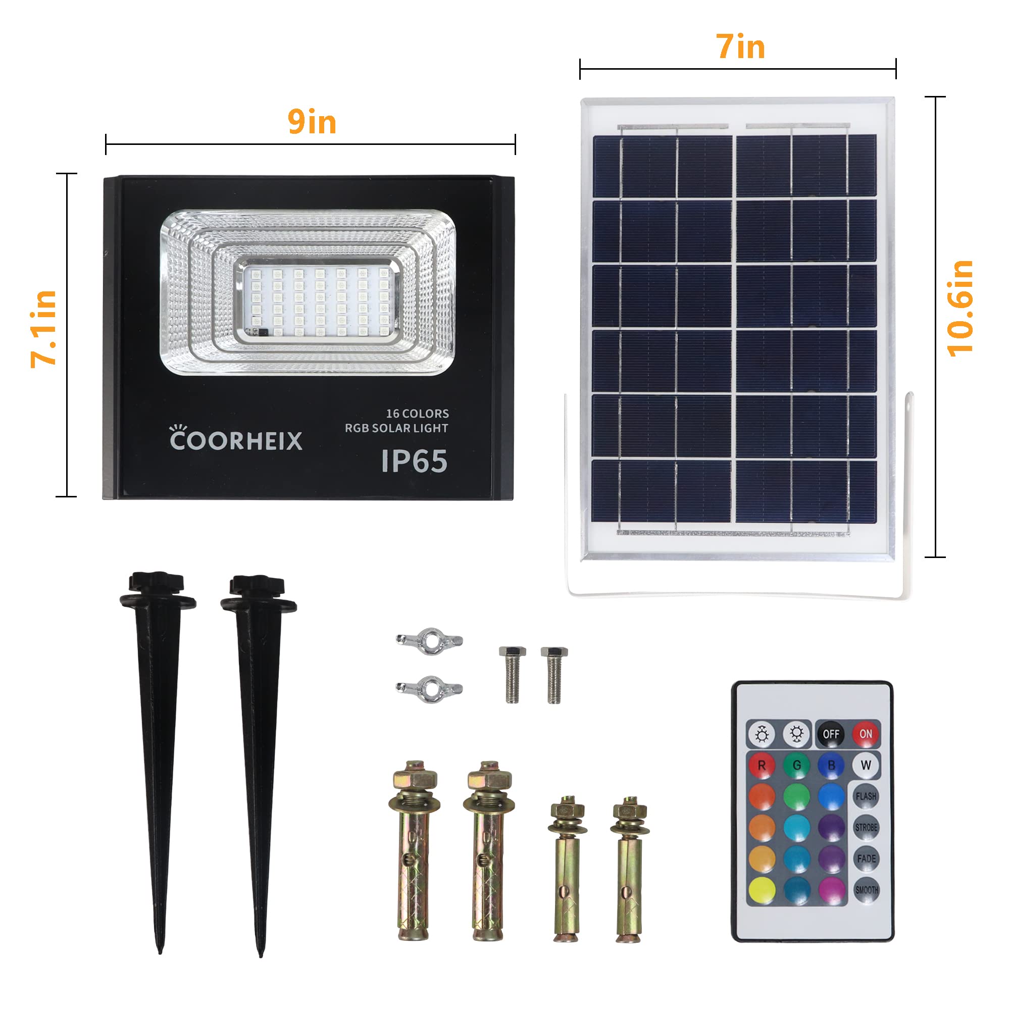 COORHEIX RGBW Solar Flood Lights Outdoor with Remote,LED Color Changing Wall Lights, IP65 Waterproof 3000K 6500K RGB Dimmable,Solar Powered Landscape Lights Decorative for Party Yard Stage Building