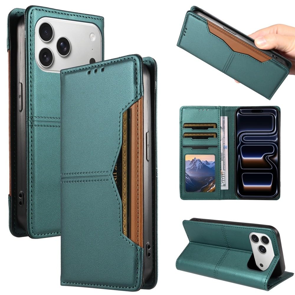 Generic Custodia compatibile con iPhone 17 Pro Max (colore: verde) Custodia a portafoglio in pelle per carte di credito elegante