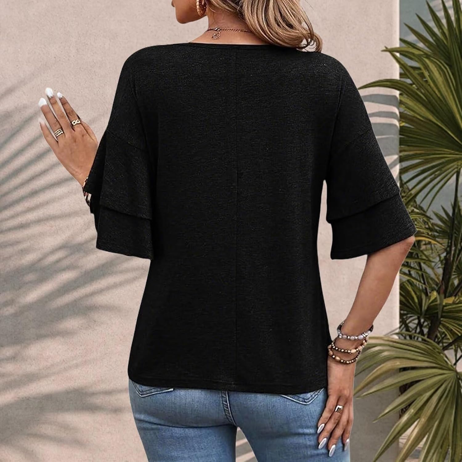 Womens Crew Neck Sleeve Tops Double Ruffle Short T-Shirt Dressy Casual Blouses Spring Summer Fall Loose Fit Tunic - Image 2